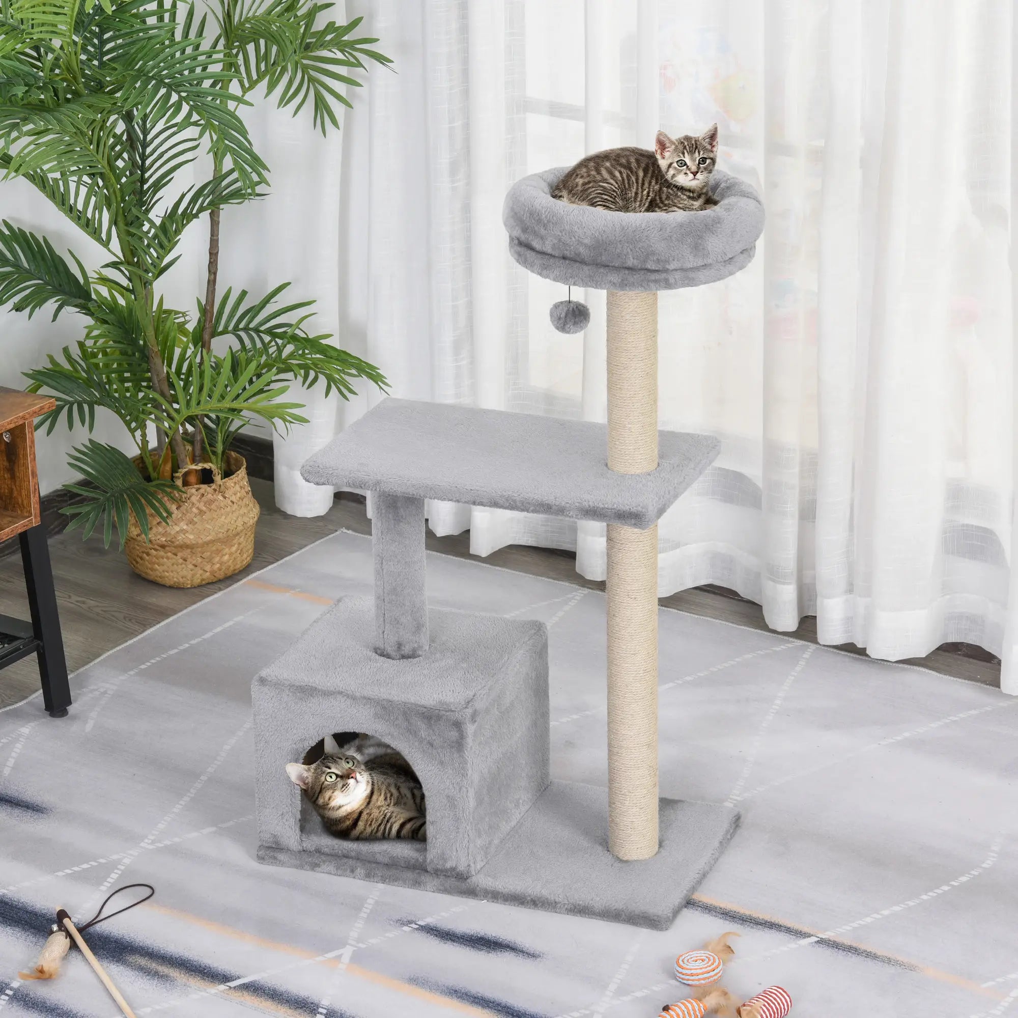 96cm Cat Tree for Indoor Cats Condo Sisal Scratching Post Cat Tower Kitten Play House Dangling Ball Activity Centre Furniture Grey