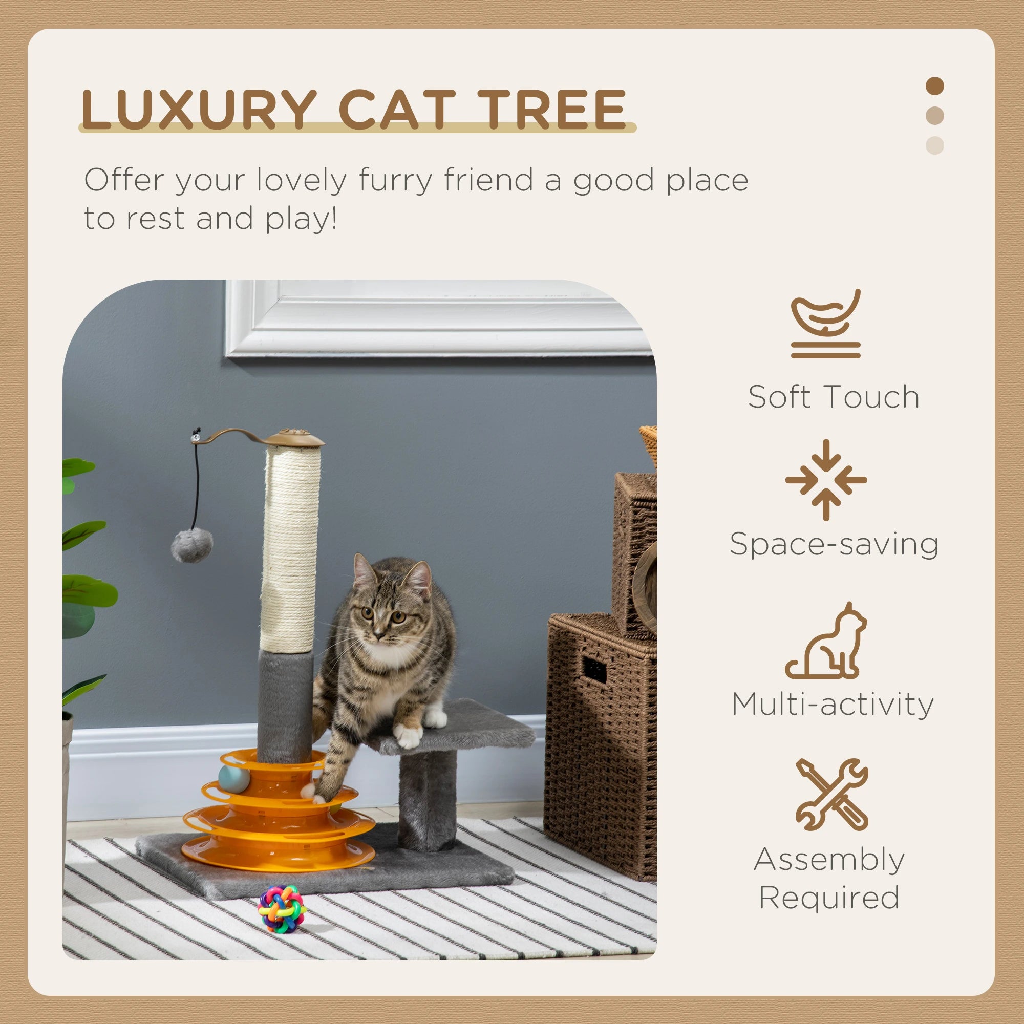 56cm Cat Tree Tower Activity Centre, Climbing Stand Kitten House Furniture w/ Scratching Posts, Toy Ball - Grey 5