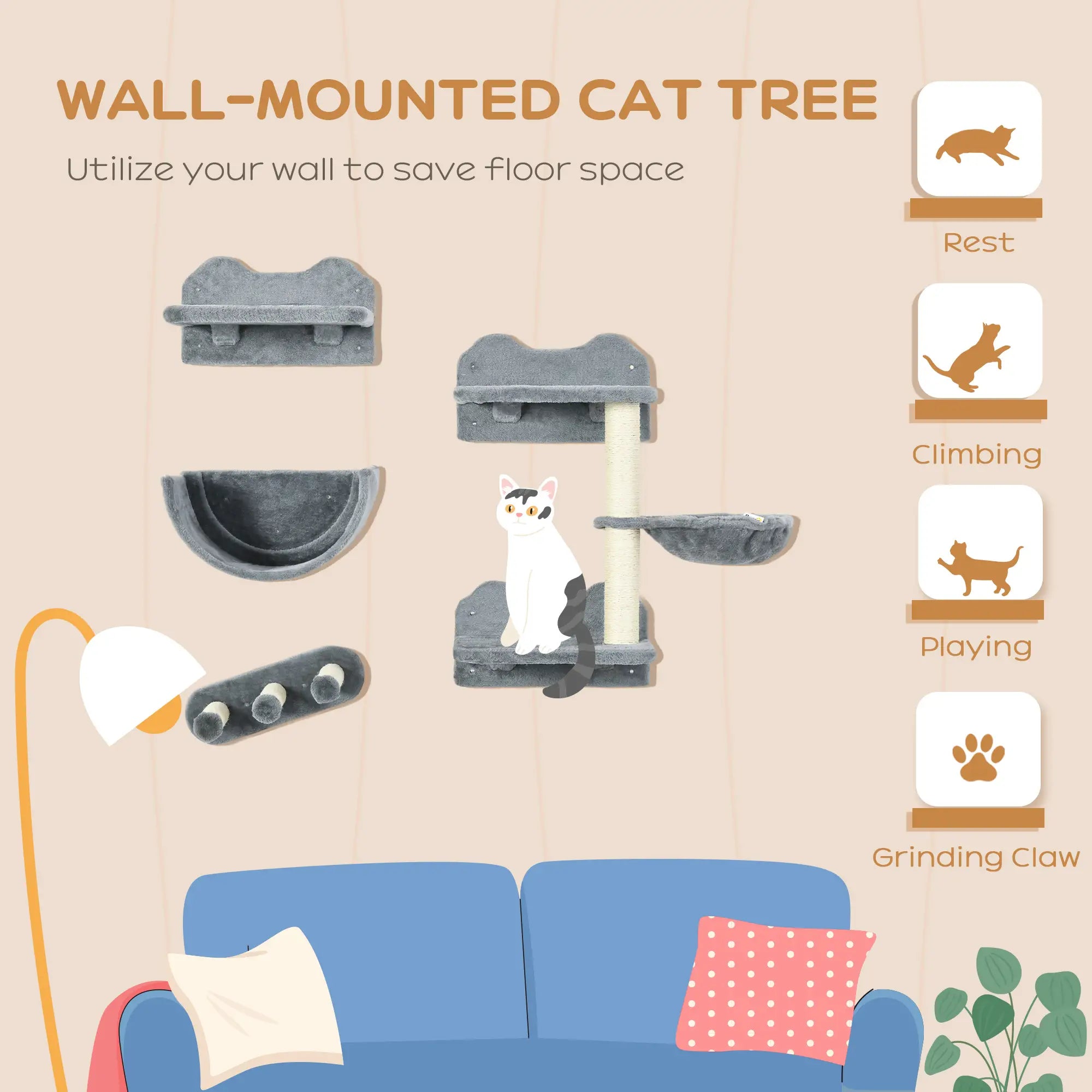 4PCs Wall-Mounted Cat Shelves w/ Scratching Post, Hammock, Nest - Grey