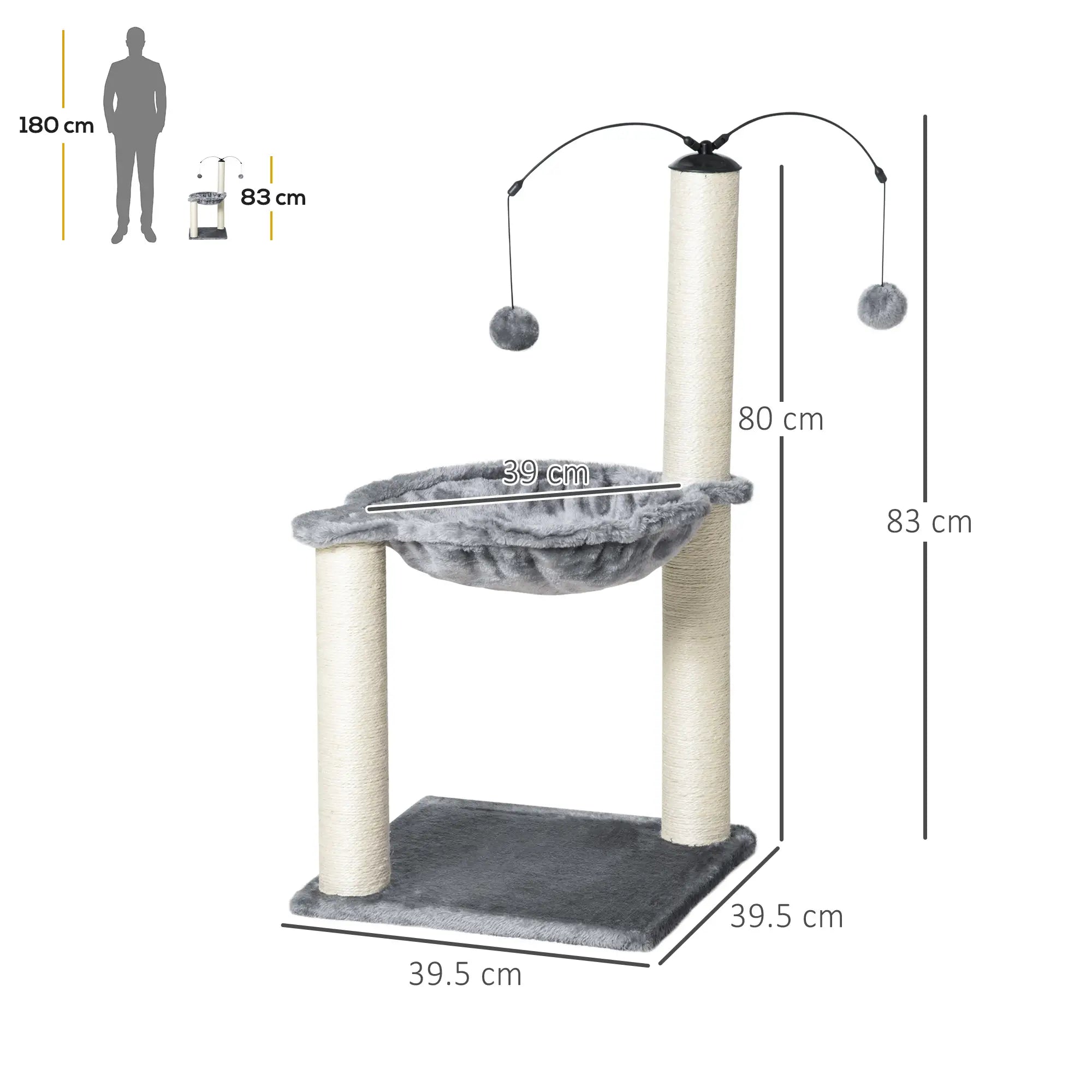 83cm Cat Tree Tower for Indoor Cats w/ Sisal Scratching Post Hammock Hanging Toy Activity Centre - Grey