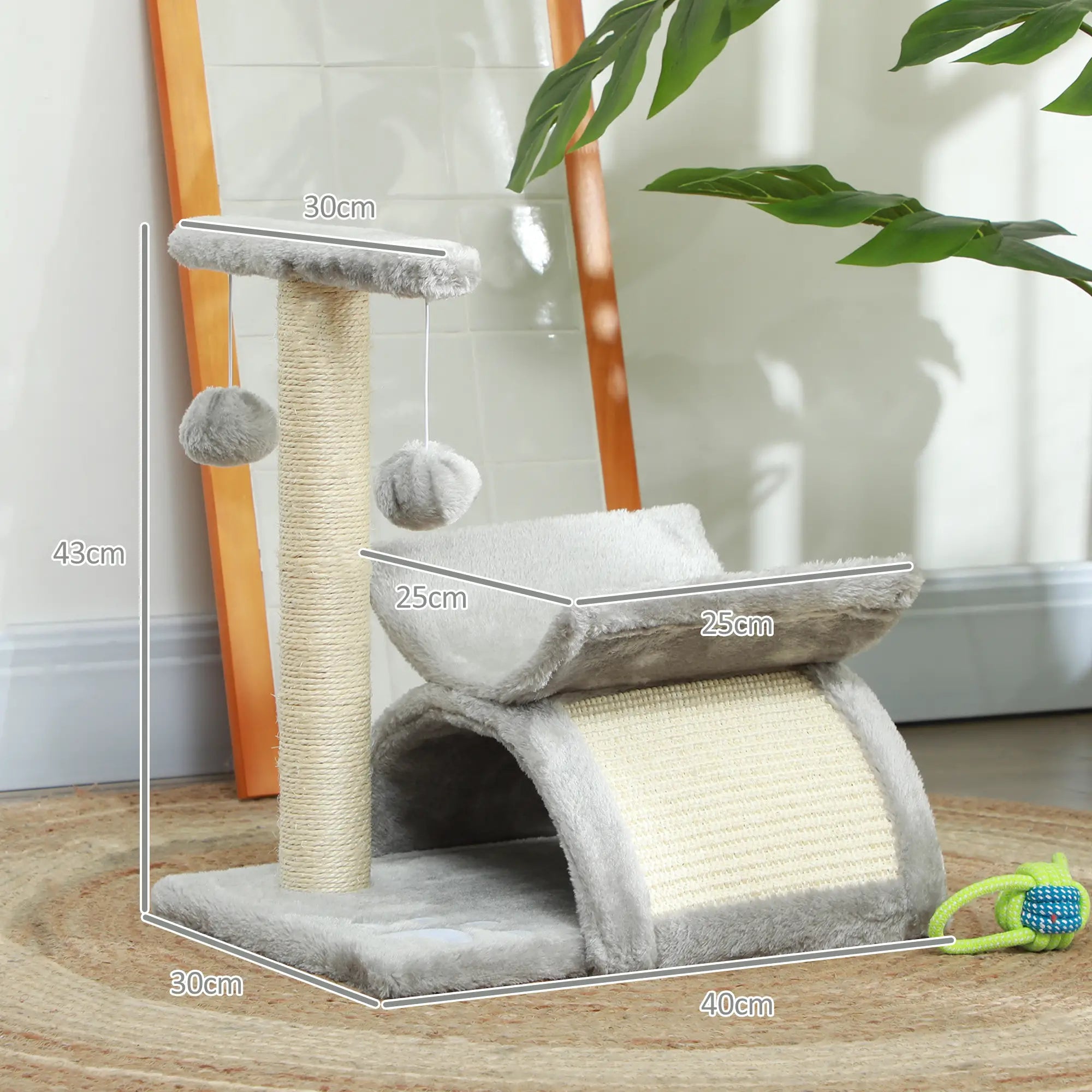 Cat Tree, Cat Tower for Kittens with Rotatable Top Bar, Sisal Scratching Post, Tunnel, Dangling Balls - Grey