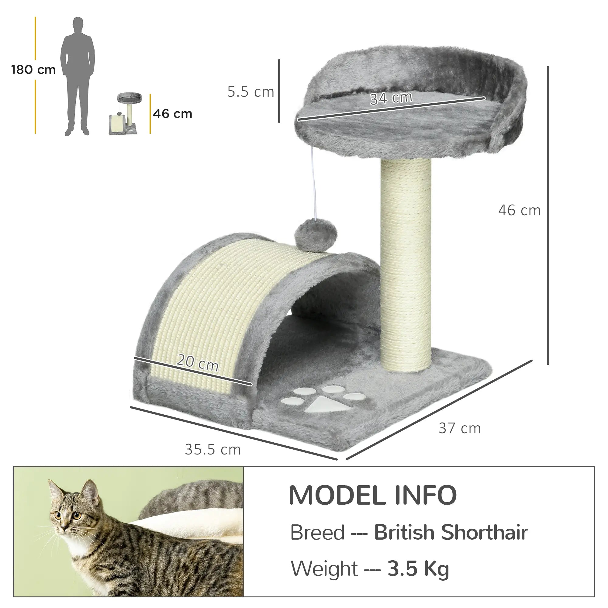 Cat Tree, Kitten Scratcher Activity Centre, with Sisal Scratching Post, Toy Ball - Grey