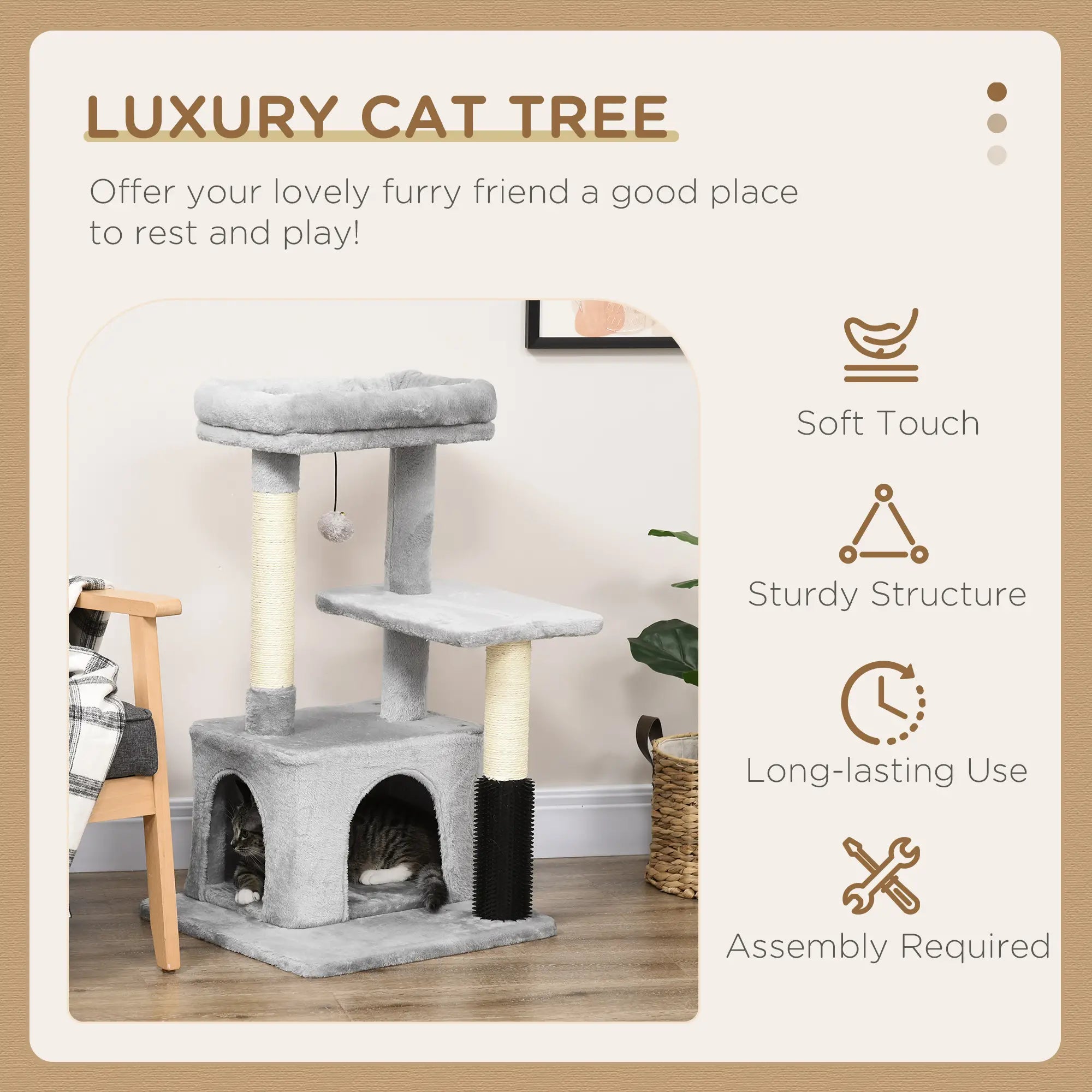 Cat Tree for Indoor Cats Climbing Tower Kitten Scratch Post Activity Center Kitten with Massage Toy Hanging Ball Bed Condo Perch 48 x 48 x 85cm Grey