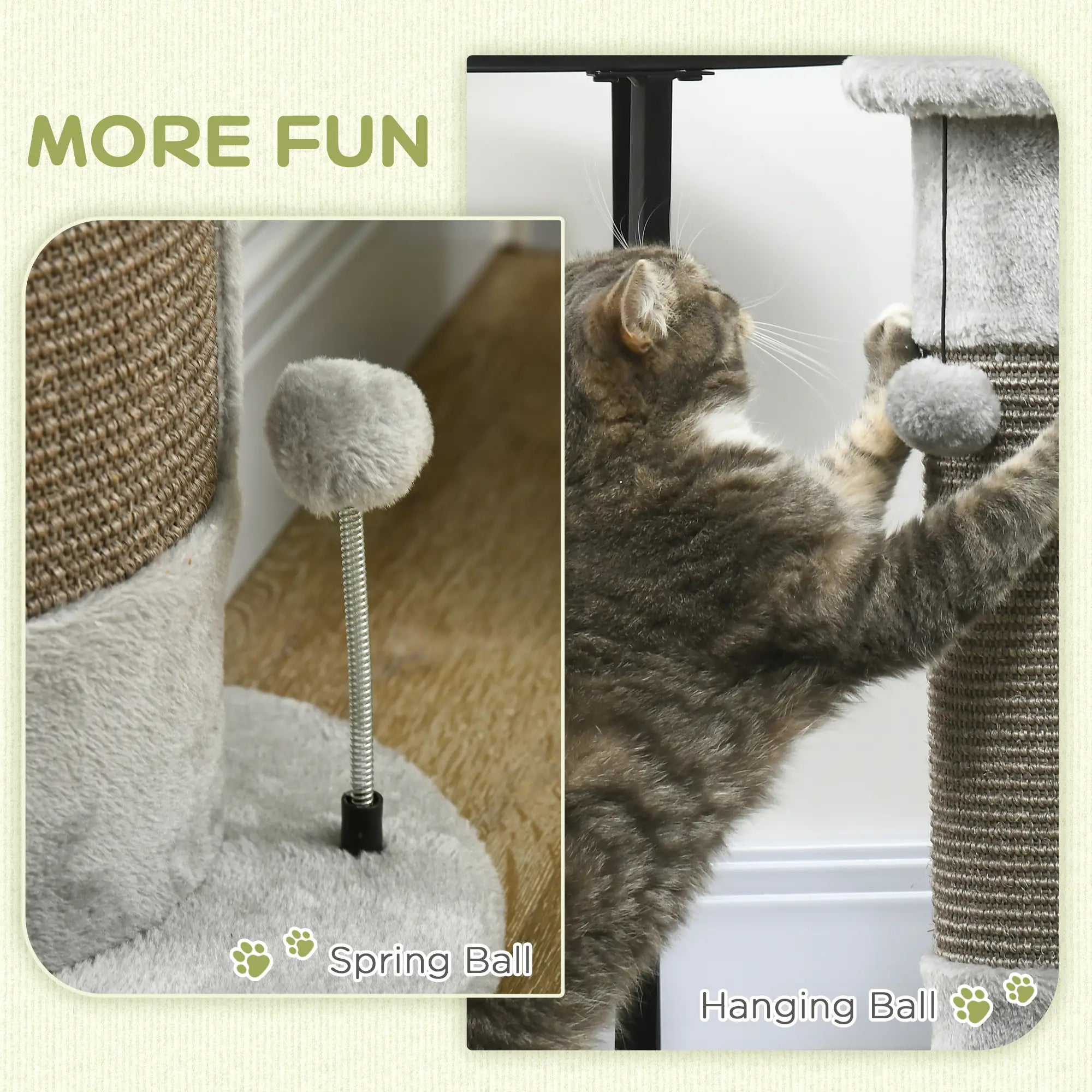 58cm Cat Scratching Post, with Covered Plush, Play Balls, for Corner Walls - Grey