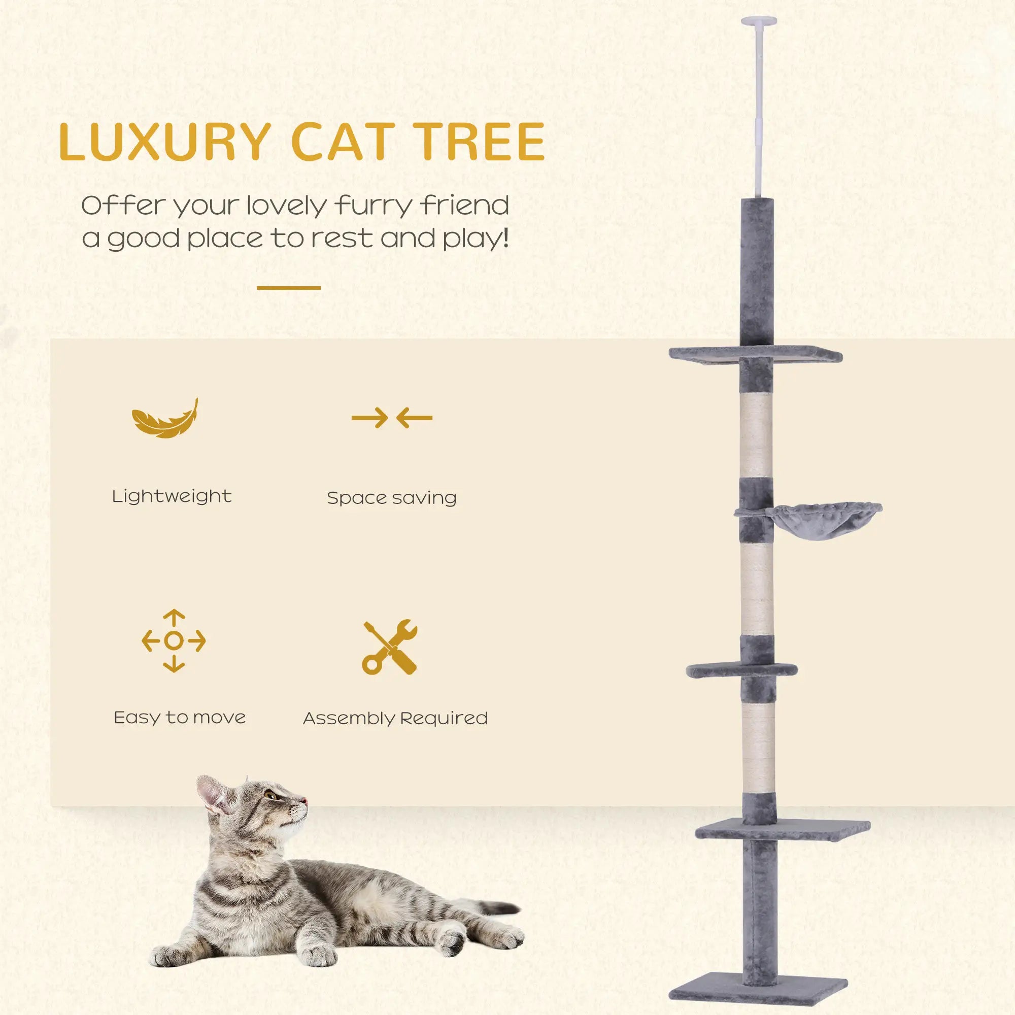 Floor to Ceiling Cat Tree for Indoor Cats 5-Tier Kitty Tower Climbing Activity Center Scratching Post Adjustable Height 230-260 cm Grey