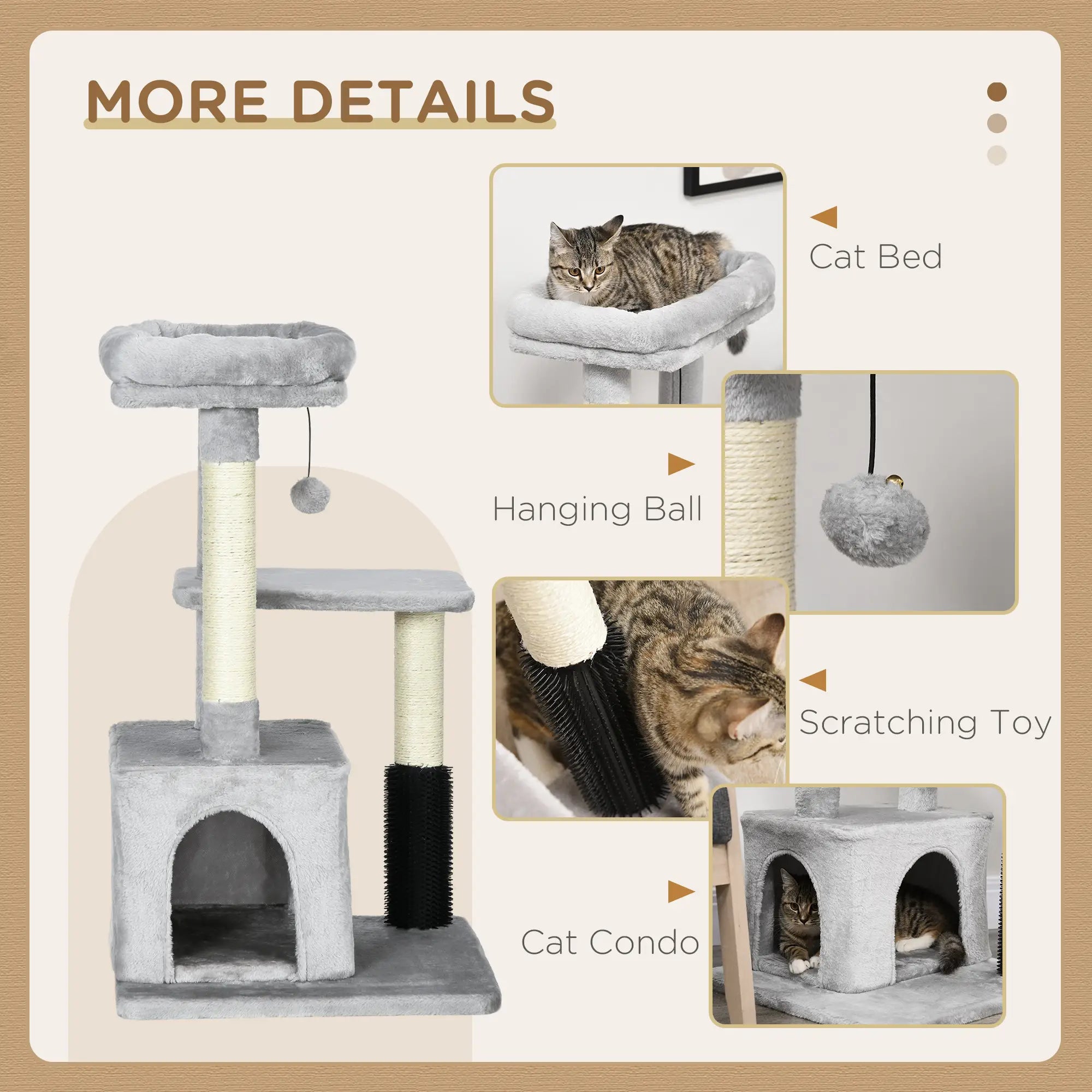 Cat Tree for Indoor Cats Climbing Tower Kitten Scratch Post Activity Center Kitten with Massage Toy Hanging Ball Bed Condo Perch 48 x 48 x 85cm Grey