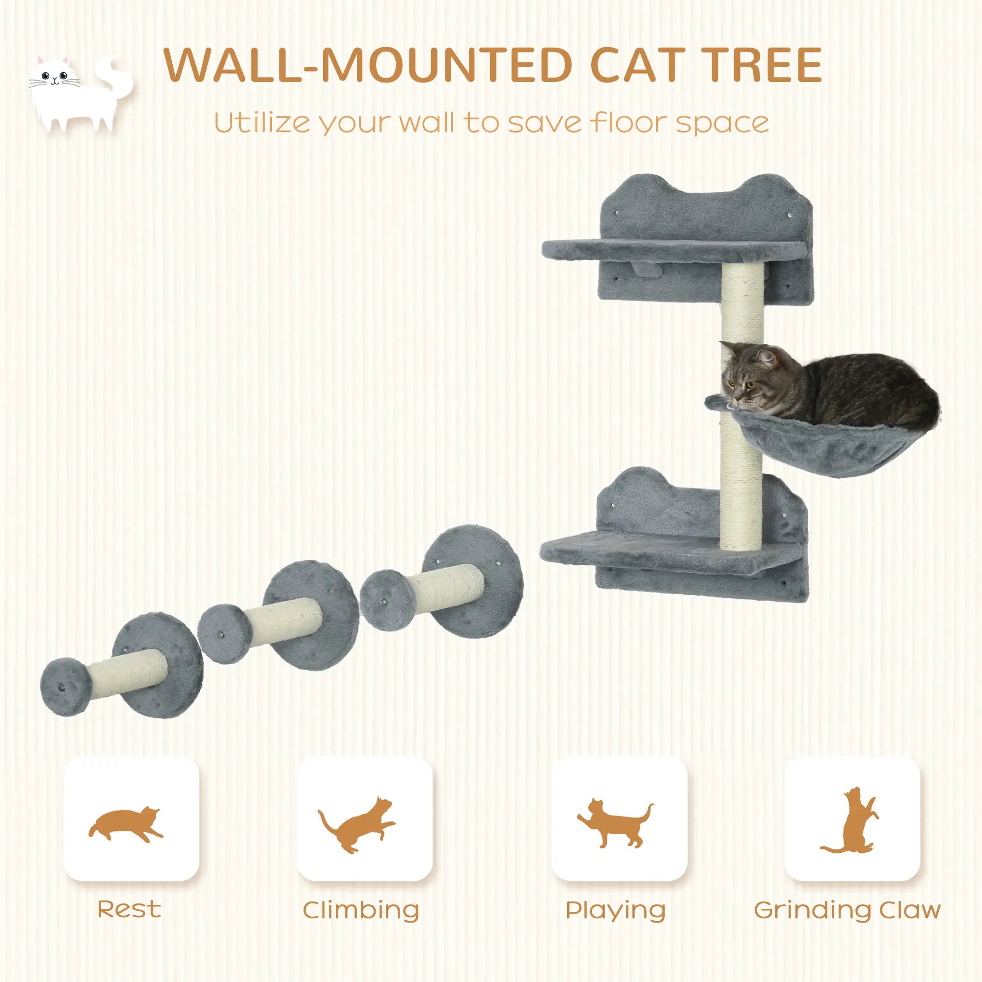 4 Piece Cat Shelf with Scratching Post, Wall-Mounted Cat Tree for Indoor Cat - Grey