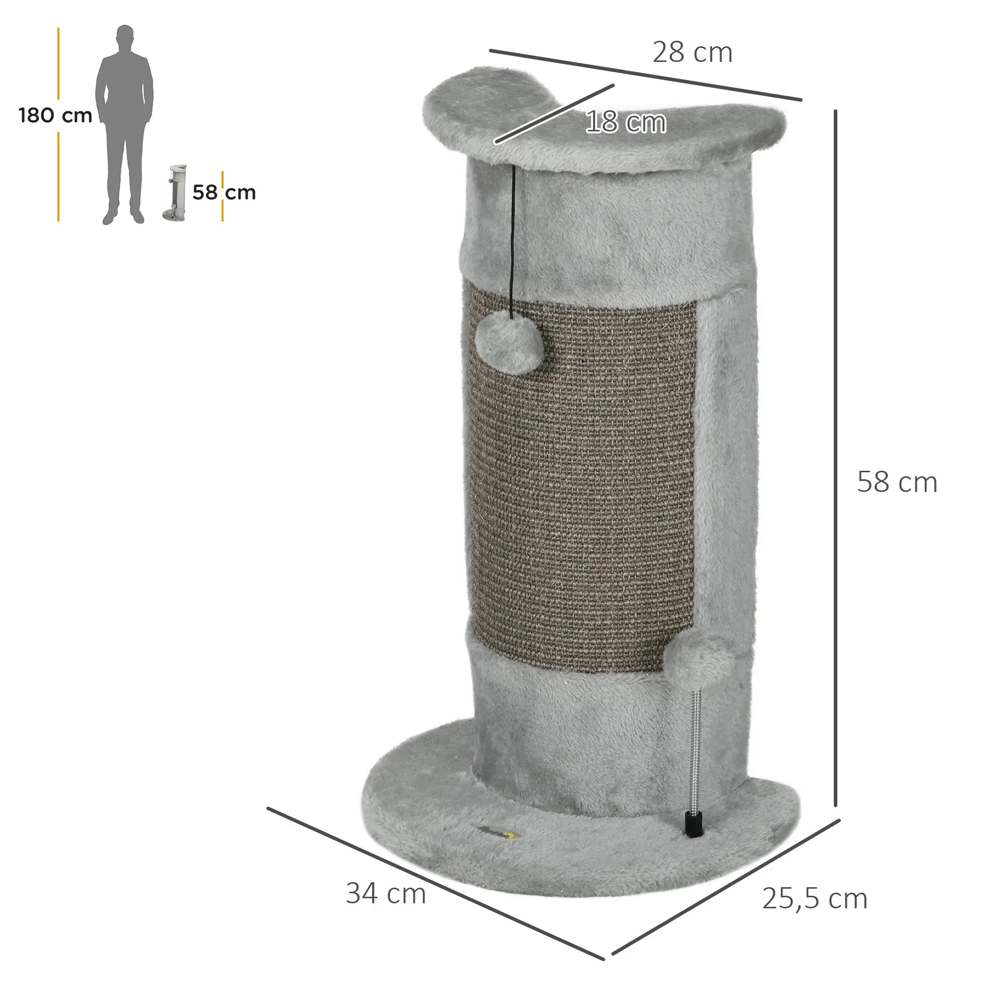 58cm Cat Scratching Post, with Covered Plush, Play Balls, for Corner Walls - Grey