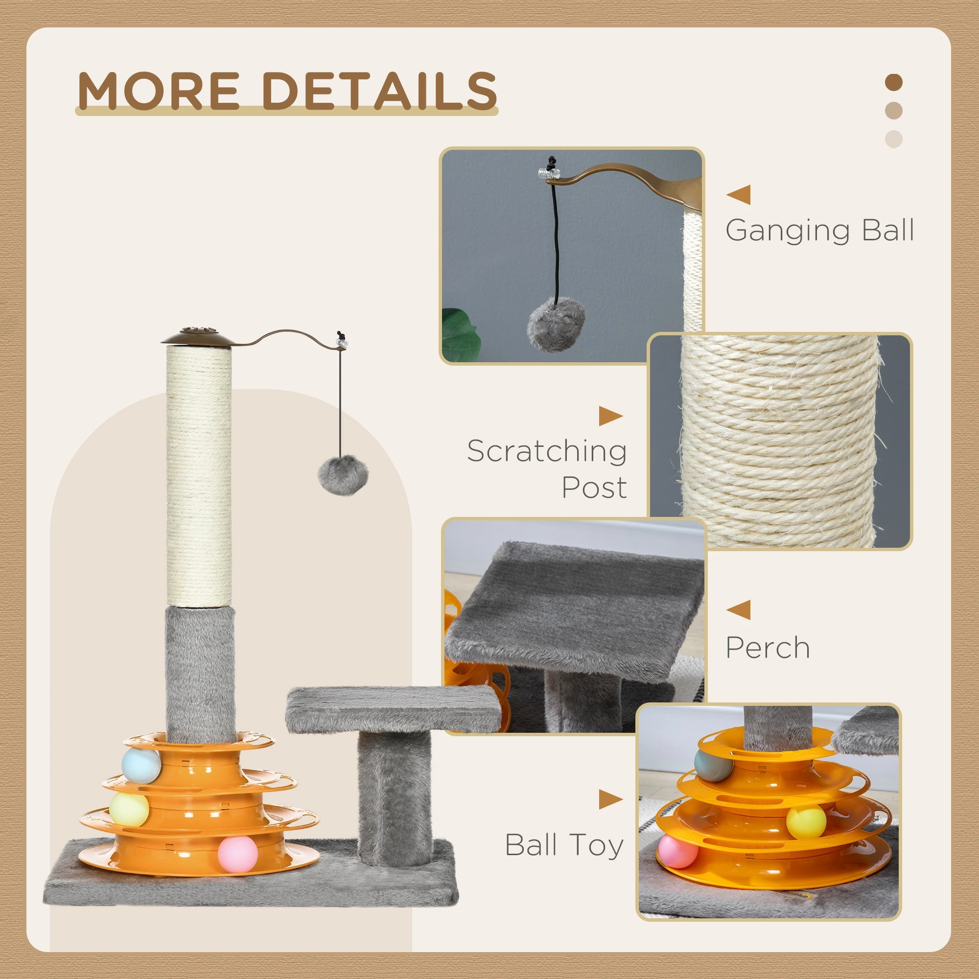 56cm Cat Tree Tower Activity Centre, Climbing Stand Kitten House Furniture w/ Scratching Posts, Toy Ball - Grey 5