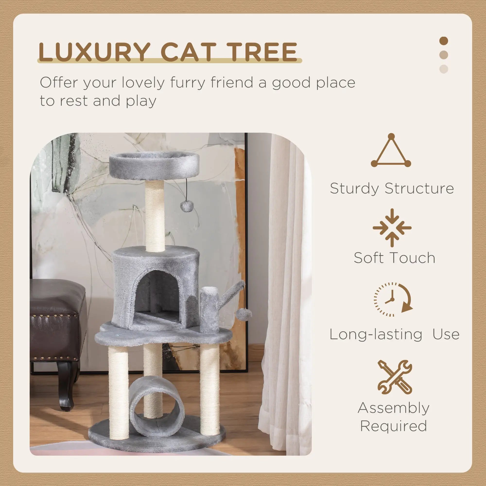 Cat Tree Tower for Indoor Cats Climbing Activity Center Kitten Furniture with Jute Scratching Post Bed Tunnel Perch Hanging Balls Grey