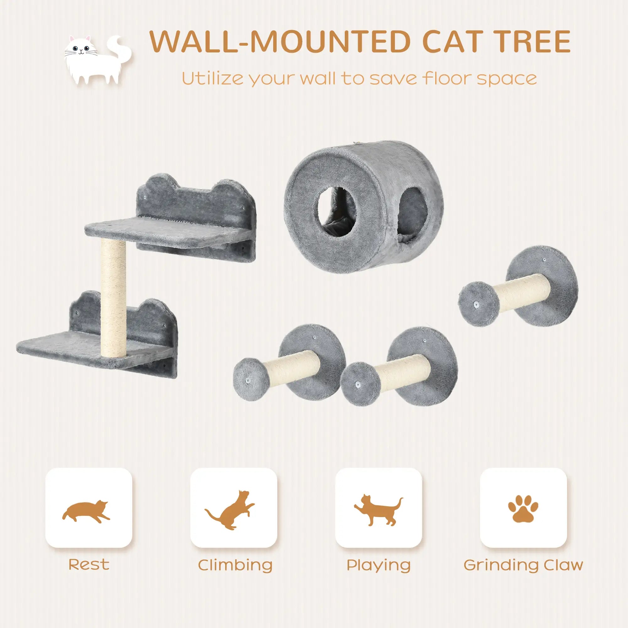 5PCs Cat Wall Furniture with Perch, Cat House, Scratching Post