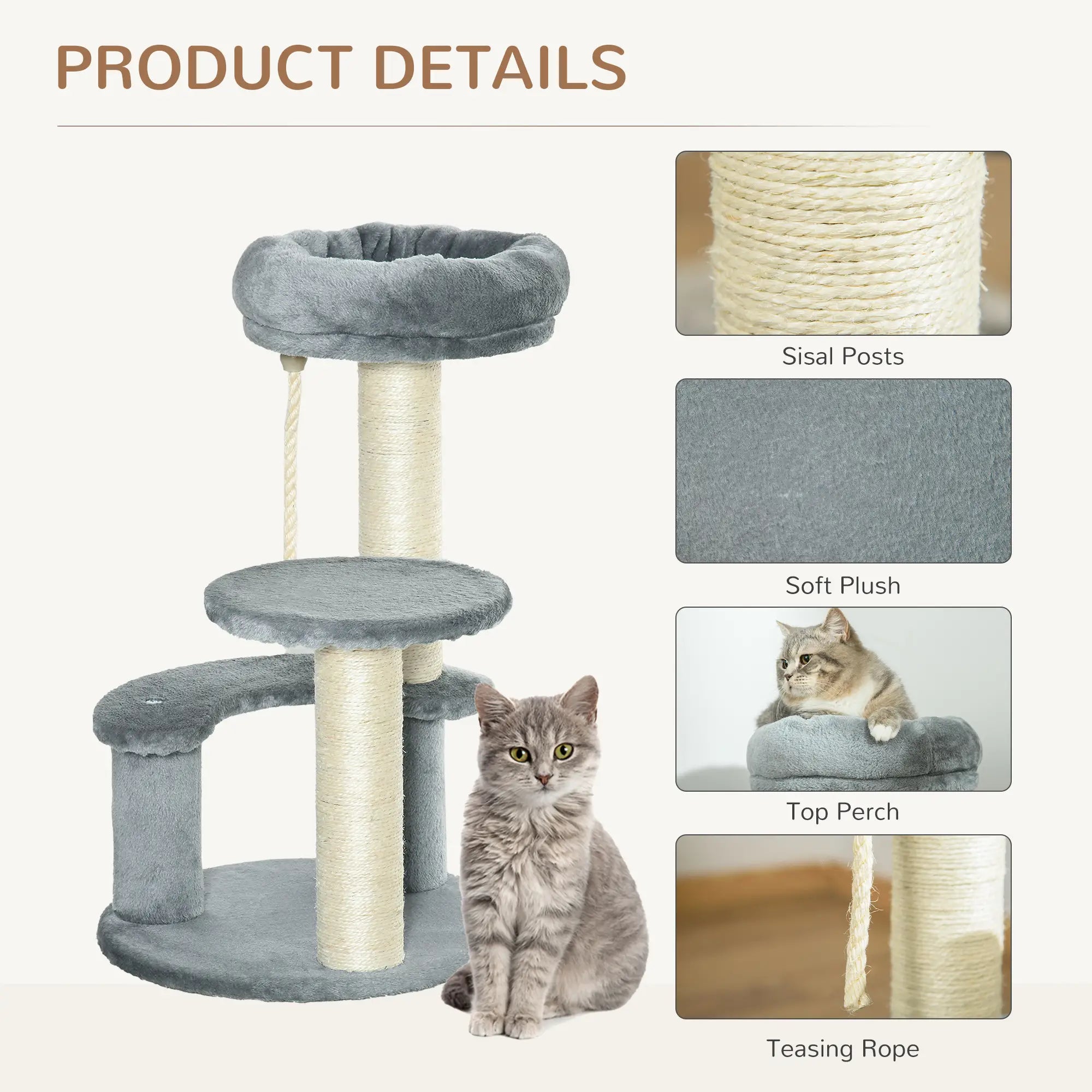65cm Cat Tree, Cat Tower for Kittens, Small Cat Condo with Sisal Scratching Posts, Hanging Rope, Perches - Grey