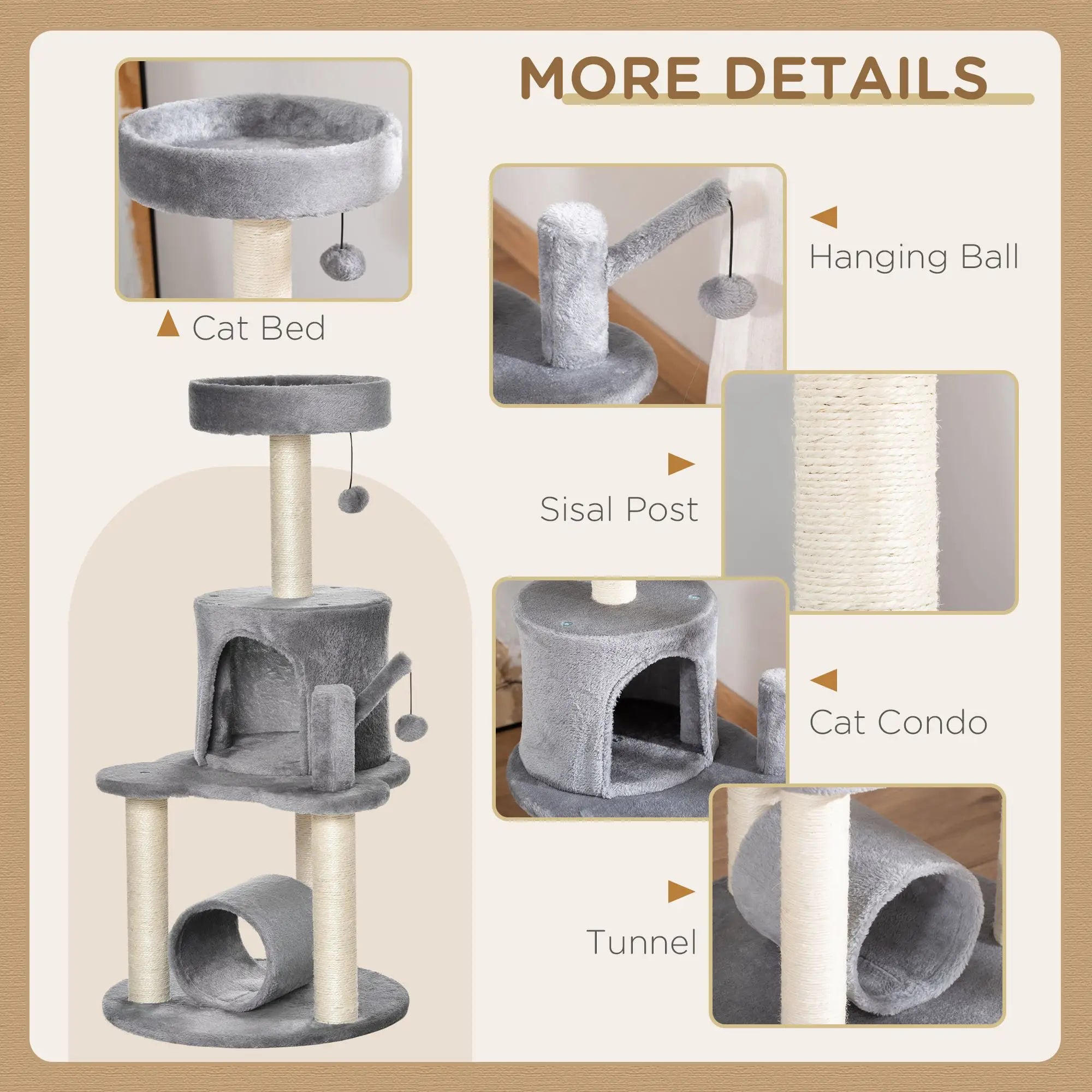 Cat Tree Tower for Indoor Cats Climbing Activity Center Kitten Furniture with Jute Scratching Post Bed Tunnel Perch Hanging Balls Grey