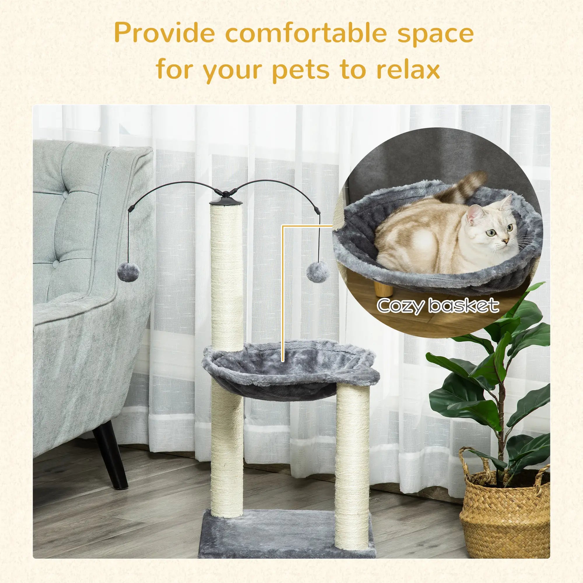 83cm Cat Tree Tower for Indoor Cats w/ Sisal Scratching Post Hammock Hanging Toy Activity Centre - Grey