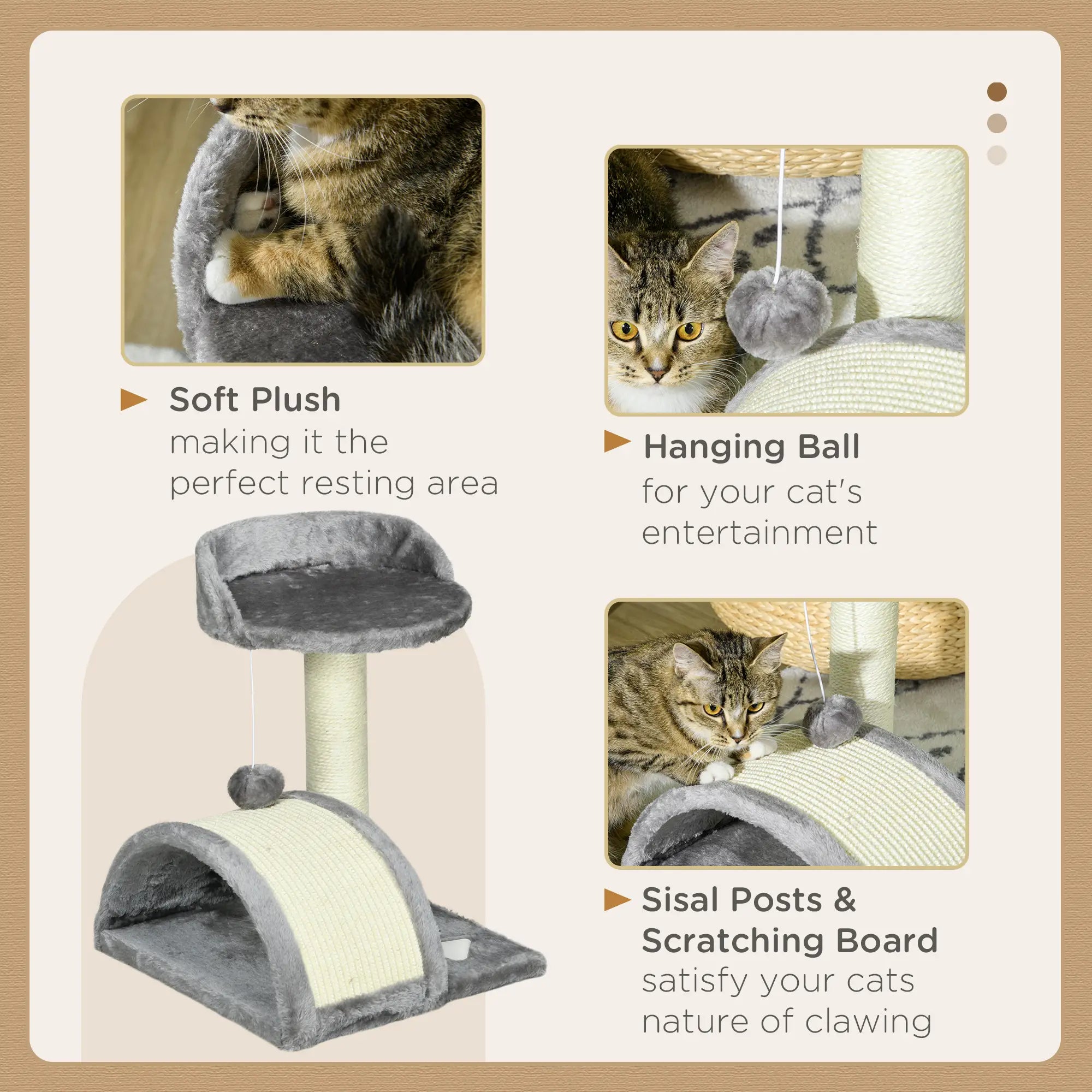 Cat Tree, Kitten Scratcher Activity Centre, with Sisal Scratching Post, Toy Ball - Grey