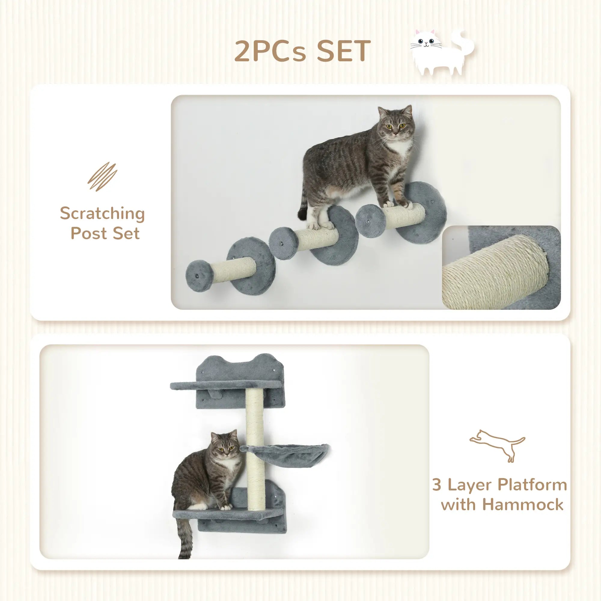 4 Piece Cat Shelf with Scratching Post, Wall-Mounted Cat Tree for Indoor Cat - Grey