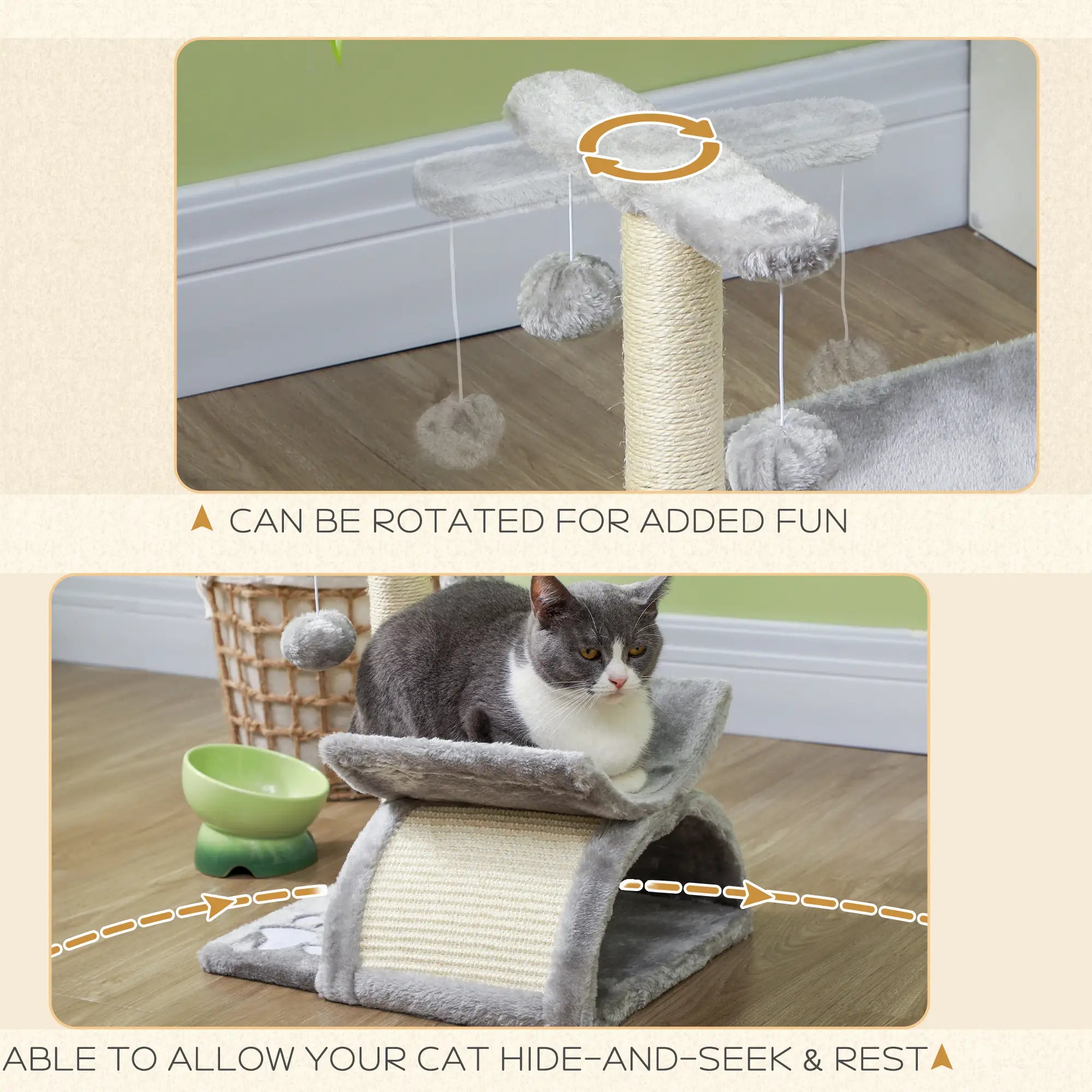 Cat Tree, Cat Tower for Kittens with Rotatable Top Bar, Sisal Scratching Post, Tunnel, Dangling Balls - Grey