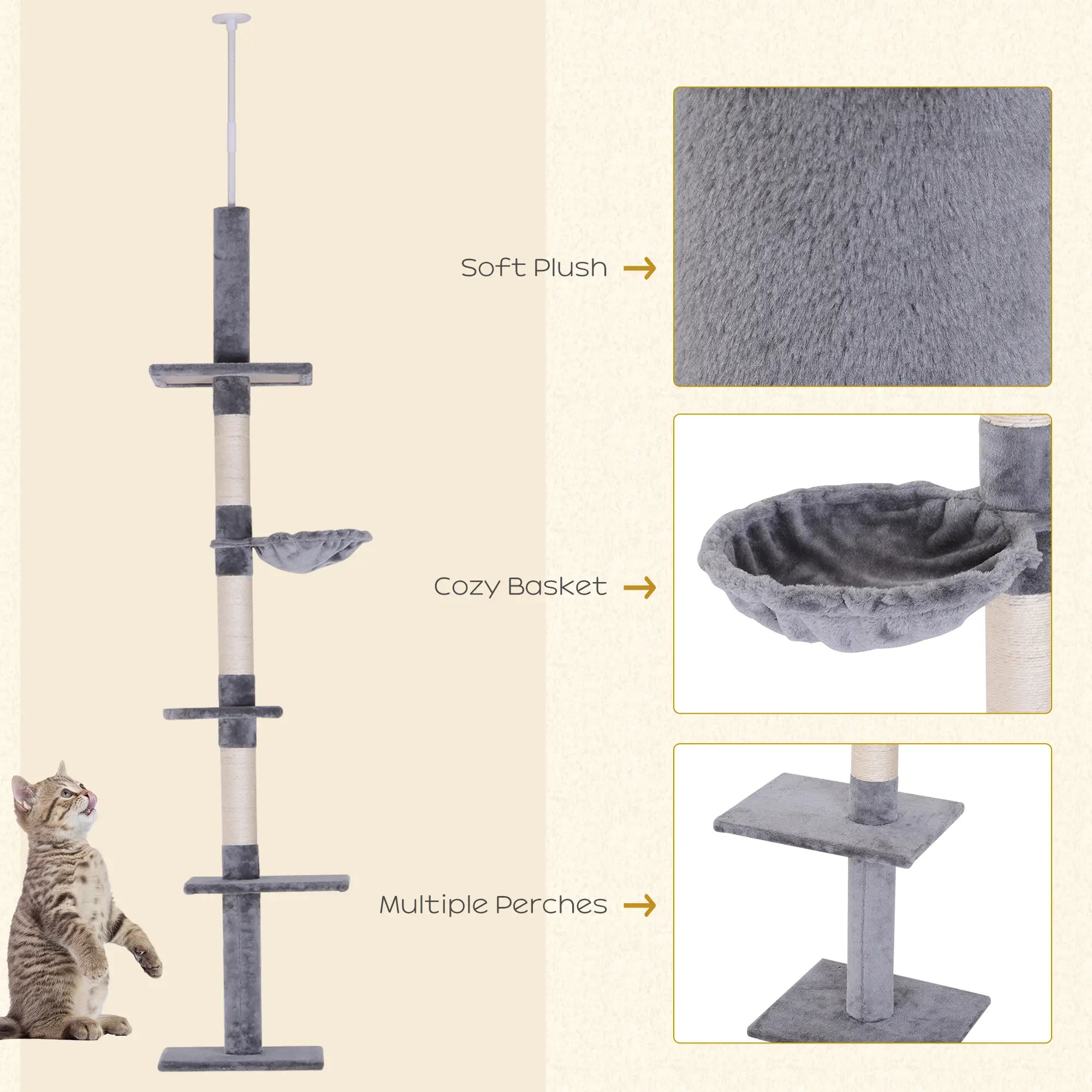 Floor to Ceiling Cat Tree for Indoor Cats 5-Tier Kitty Tower Climbing Activity Center Scratching Post Adjustable Height 230-260 cm Grey