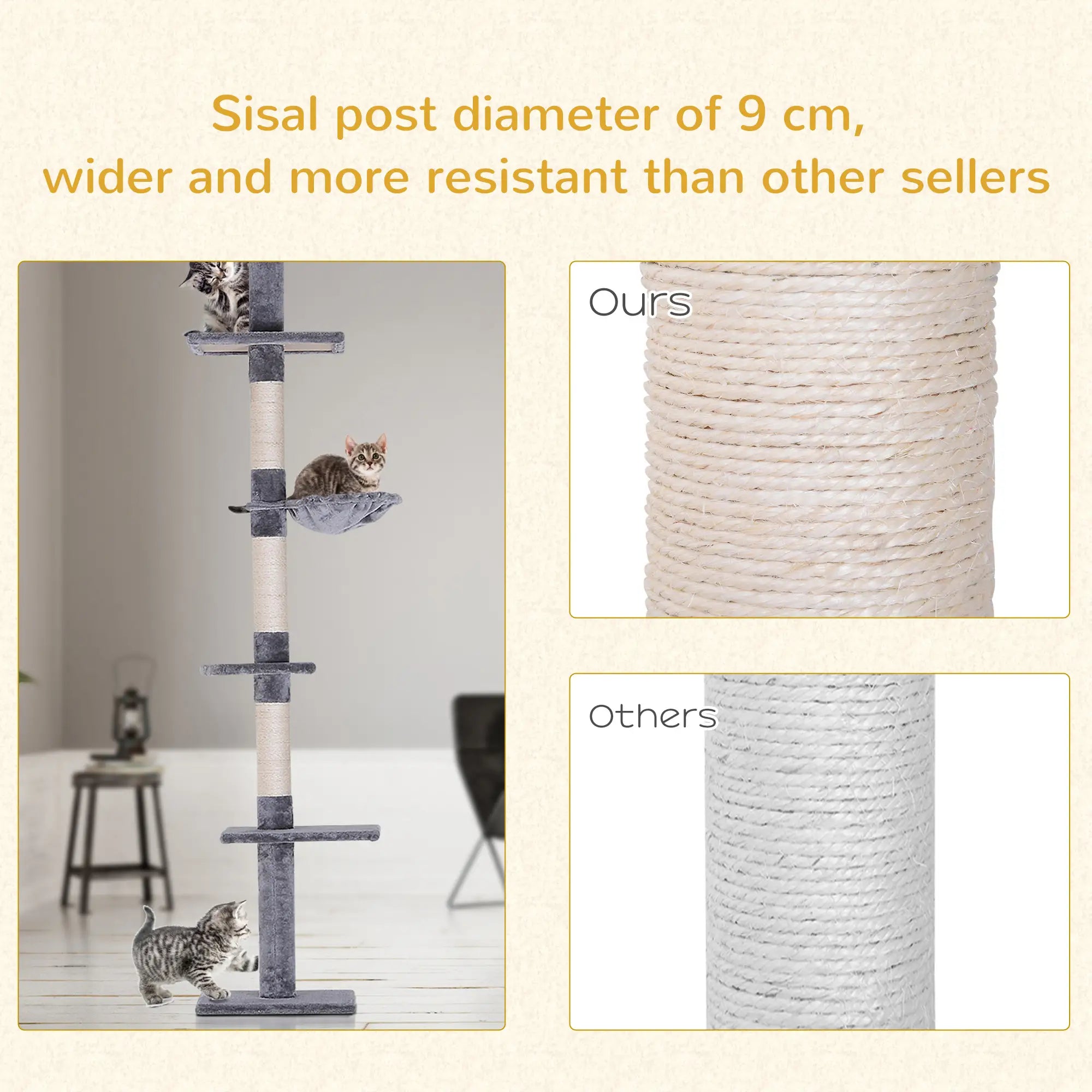 Floor to Ceiling Cat Tree for Indoor Cats 5-Tier Kitty Tower Climbing Activity Center Scratching Post Adjustable Height 230-260 cm Grey