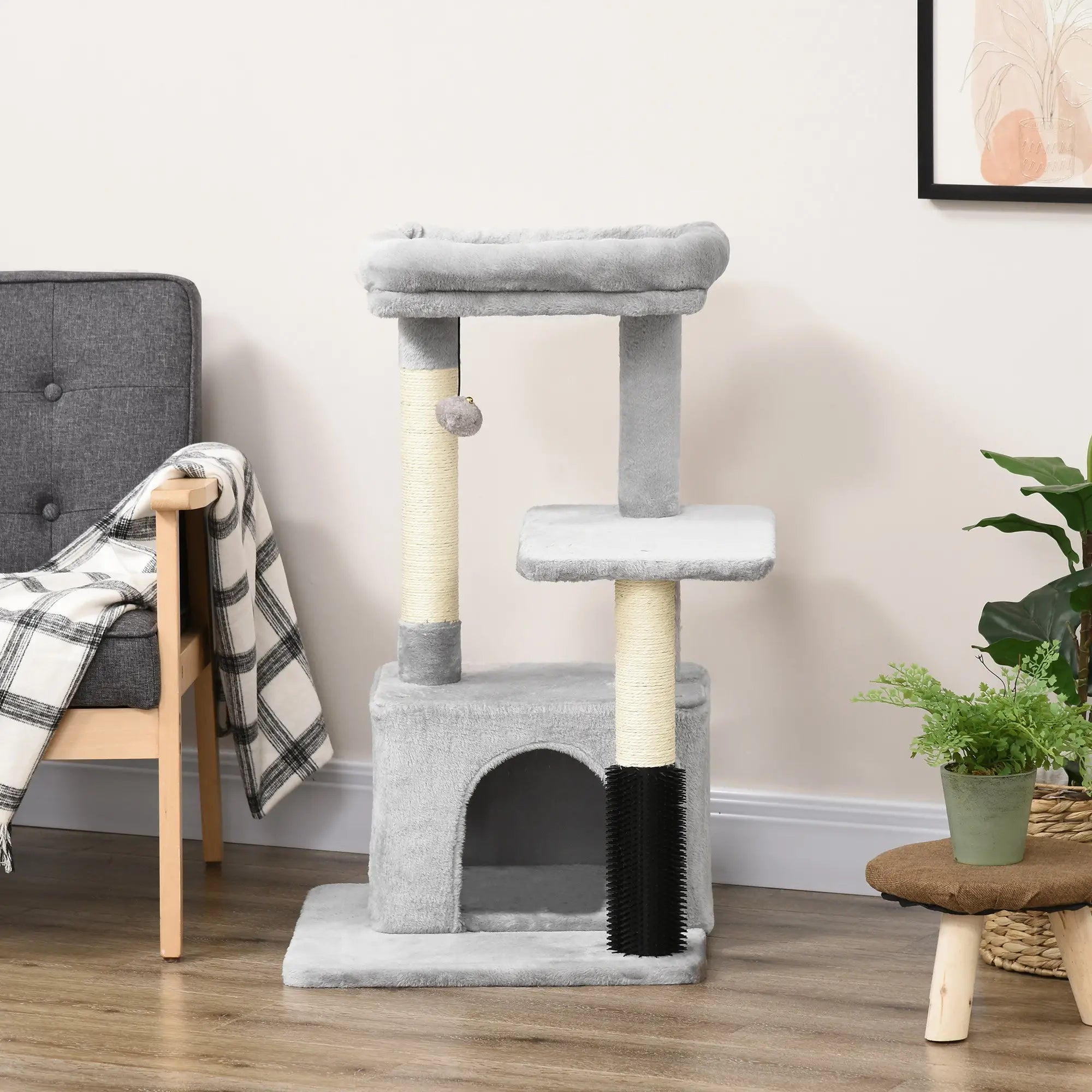 Cat Tree for Indoor Cats Climbing Tower Kitten Scratch Post Activity Center Kitten with Massage Toy Hanging Ball Bed Condo Perch 48 x 48 x 85cm Grey