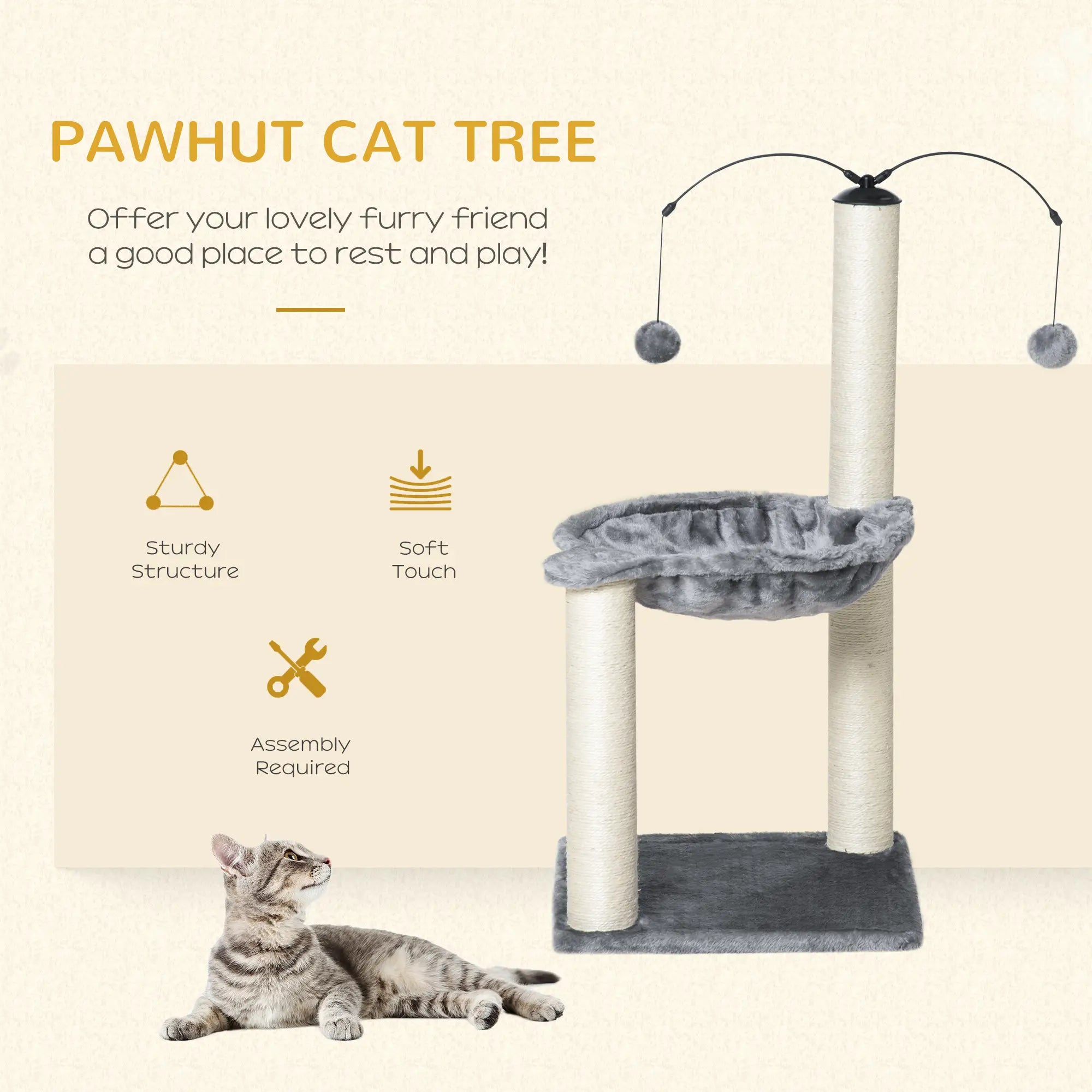 83cm Cat Tree Tower for Indoor Cats w/ Sisal Scratching Post Hammock Hanging Toy Activity Centre - Grey