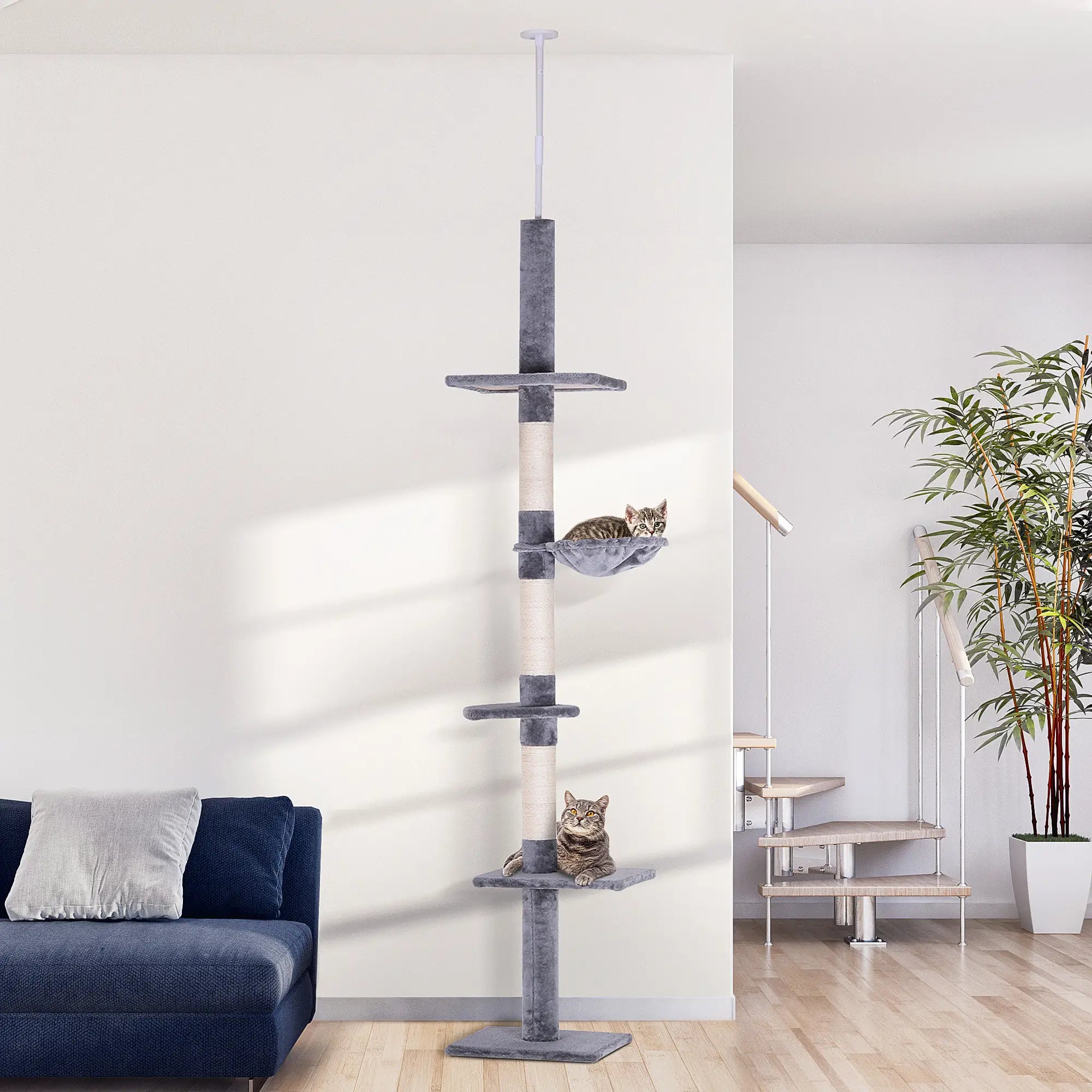 Floor to Ceiling Cat Tree for Indoor Cats 5-Tier Kitty Tower Climbing Activity Center Scratching Post Adjustable Height 230-260 cm Grey