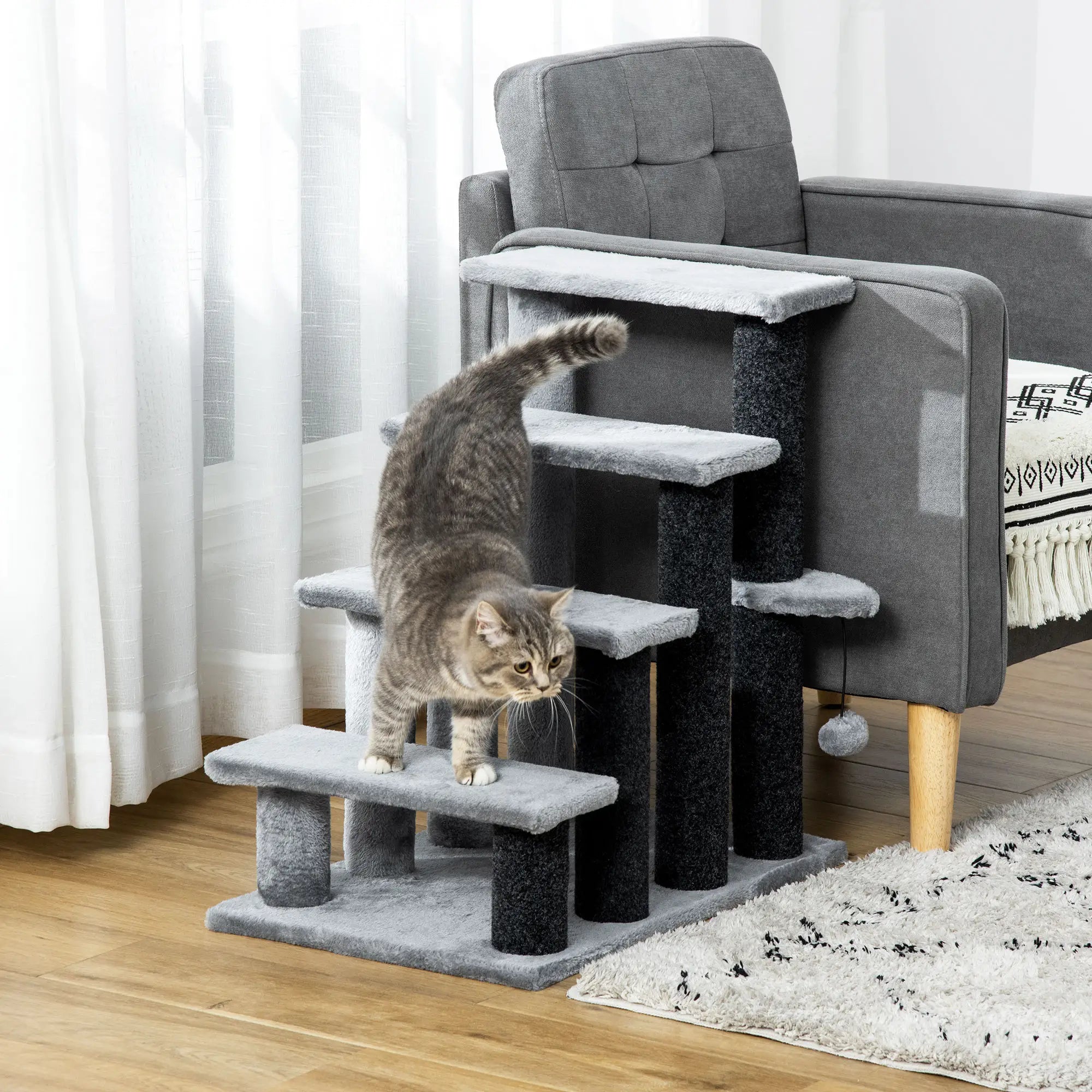 4-step Pet Stairs with Scratching Posts, Platforms, Toy Ball, Grey