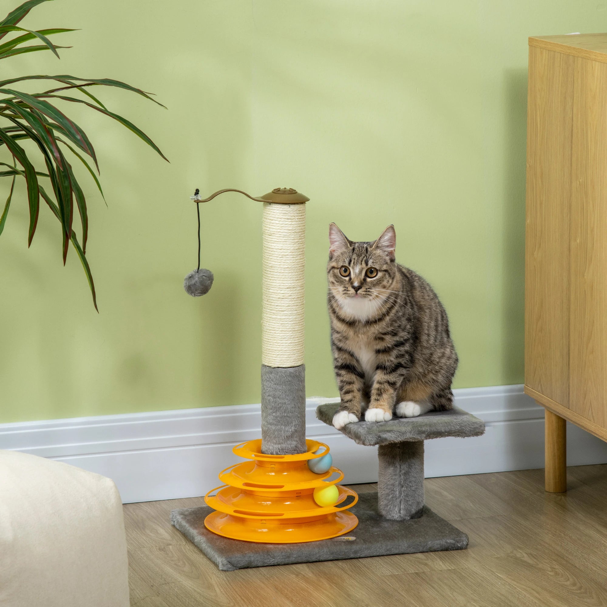 56cm Cat Tree Tower Activity Centre, Climbing Stand Kitten House Furniture w/ Scratching Posts, Toy Ball - Grey 5