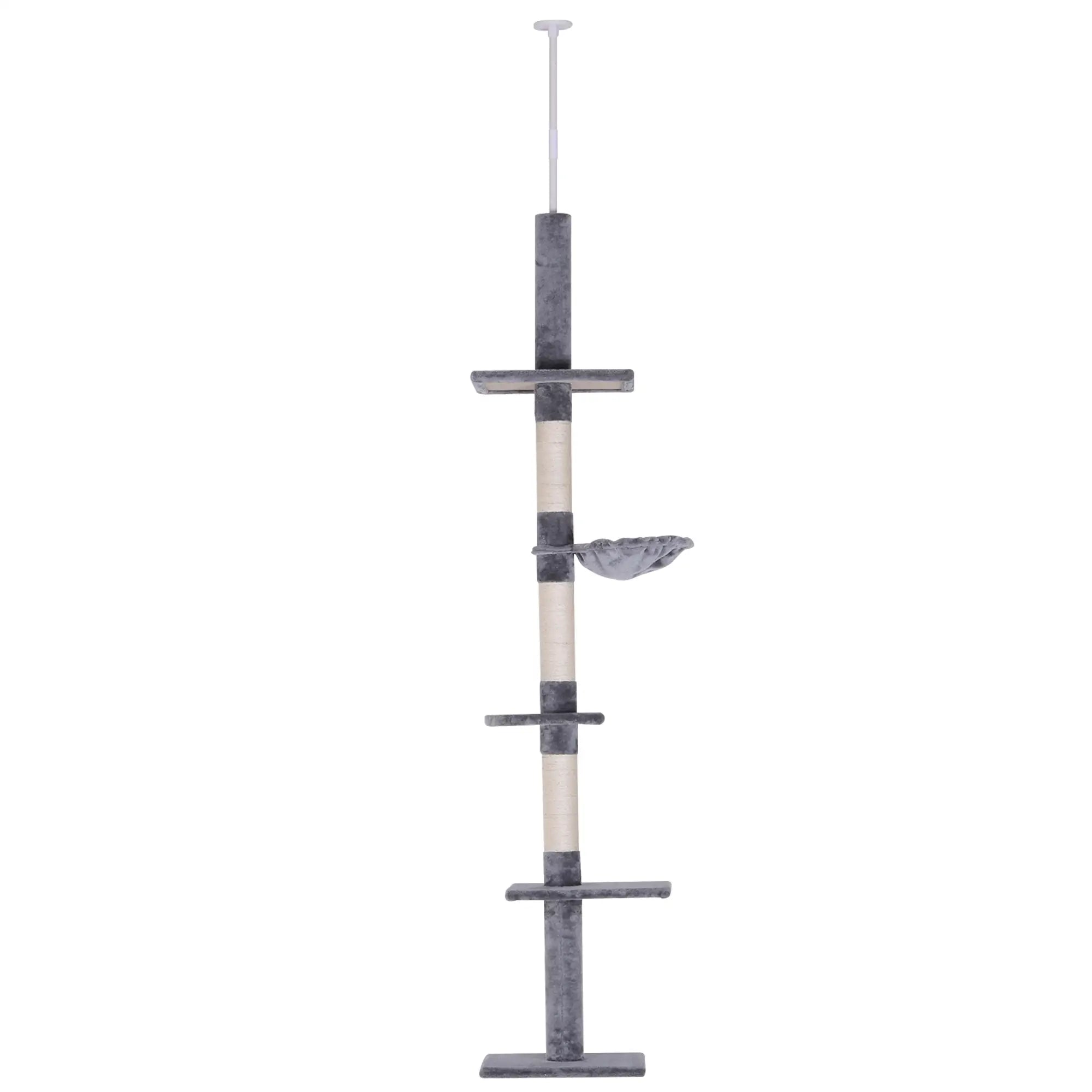 Floor to Ceiling Cat Tree for Indoor Cats 5-Tier Kitty Tower Climbing Activity Center Scratching Post Adjustable Height 230-260 cm Grey