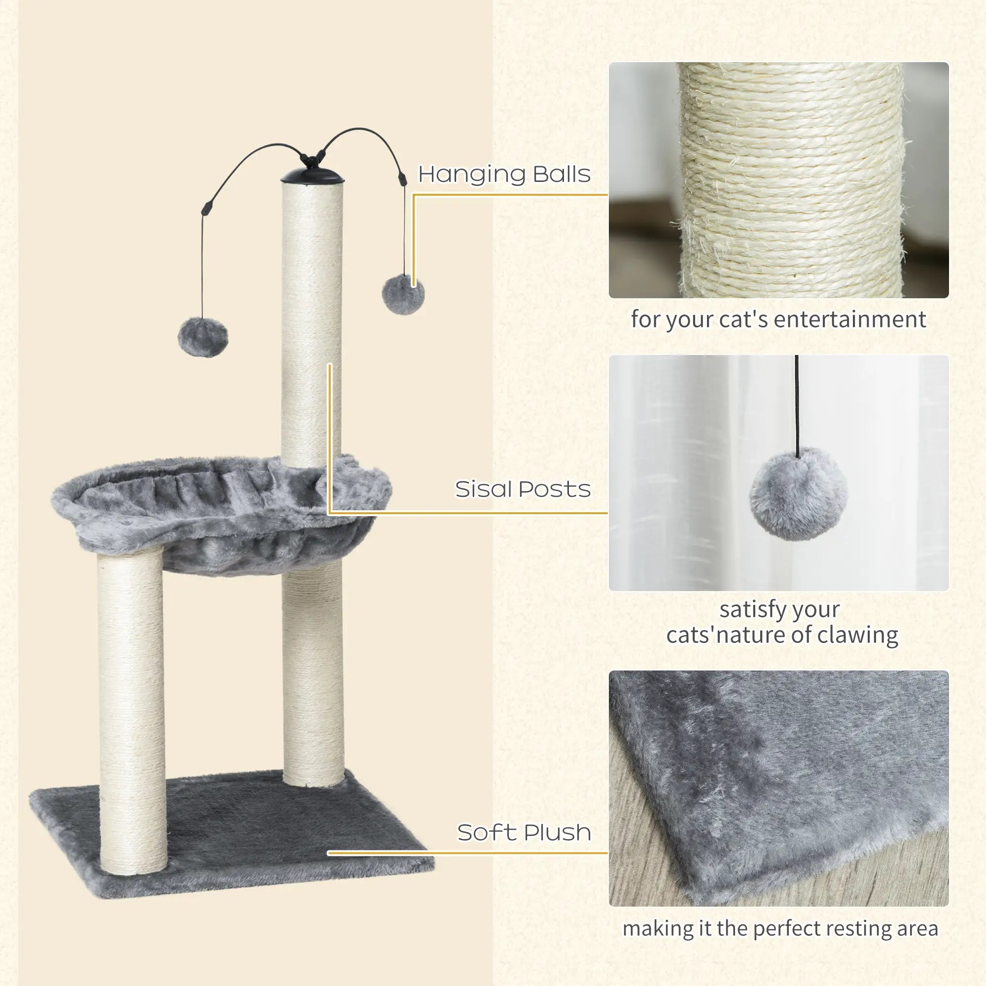 83cm Cat Tree Tower for Indoor Cats w/ Sisal Scratching Post Hammock Hanging Toy Activity Centre - Grey