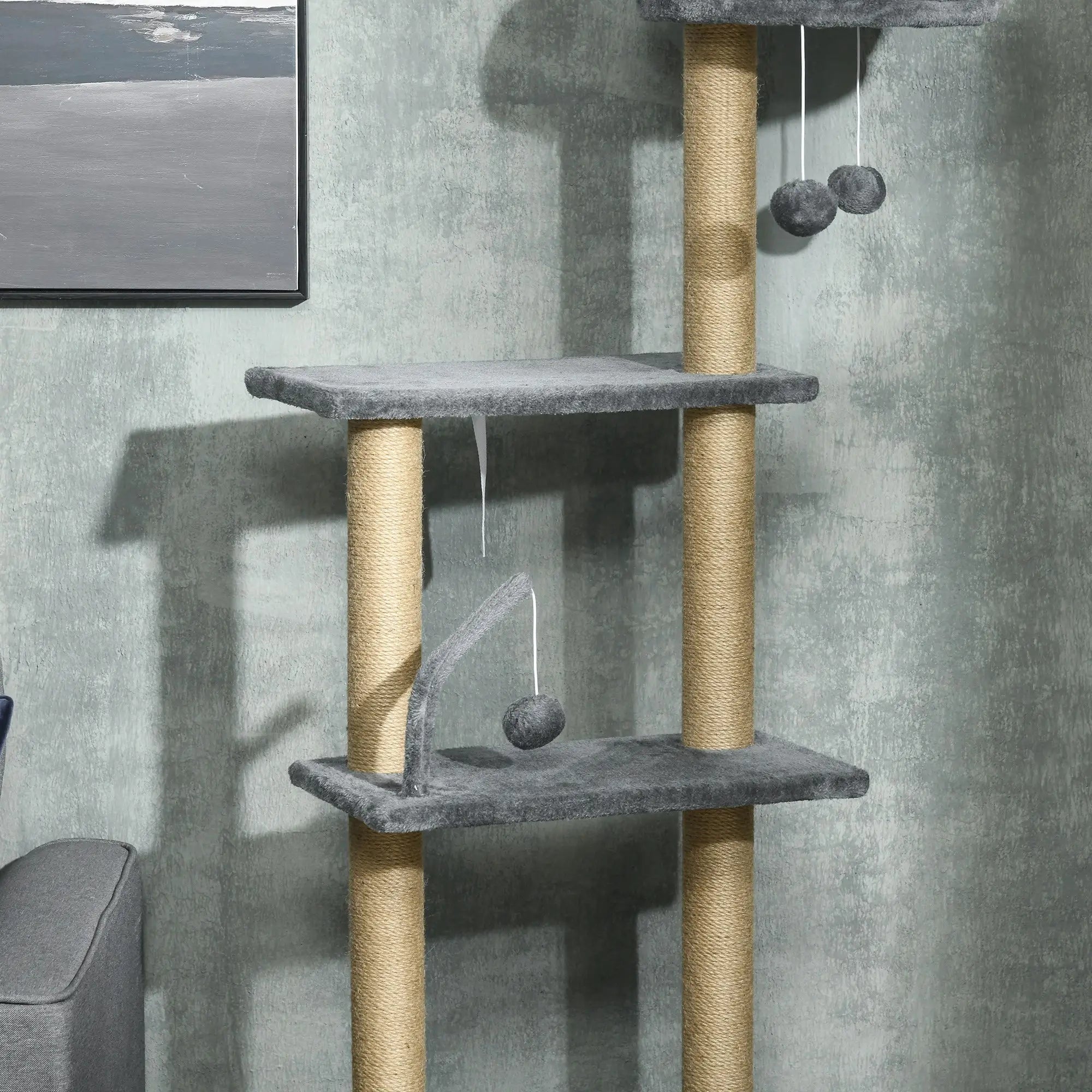 Floor to Ceiling Cat Tree for Indoor Cats, 6-Tier Play Tower Climbing Activity Center with Scratching Post, Platforms, Bed, Hammock, Adjustable Height 230-250cm, Grey