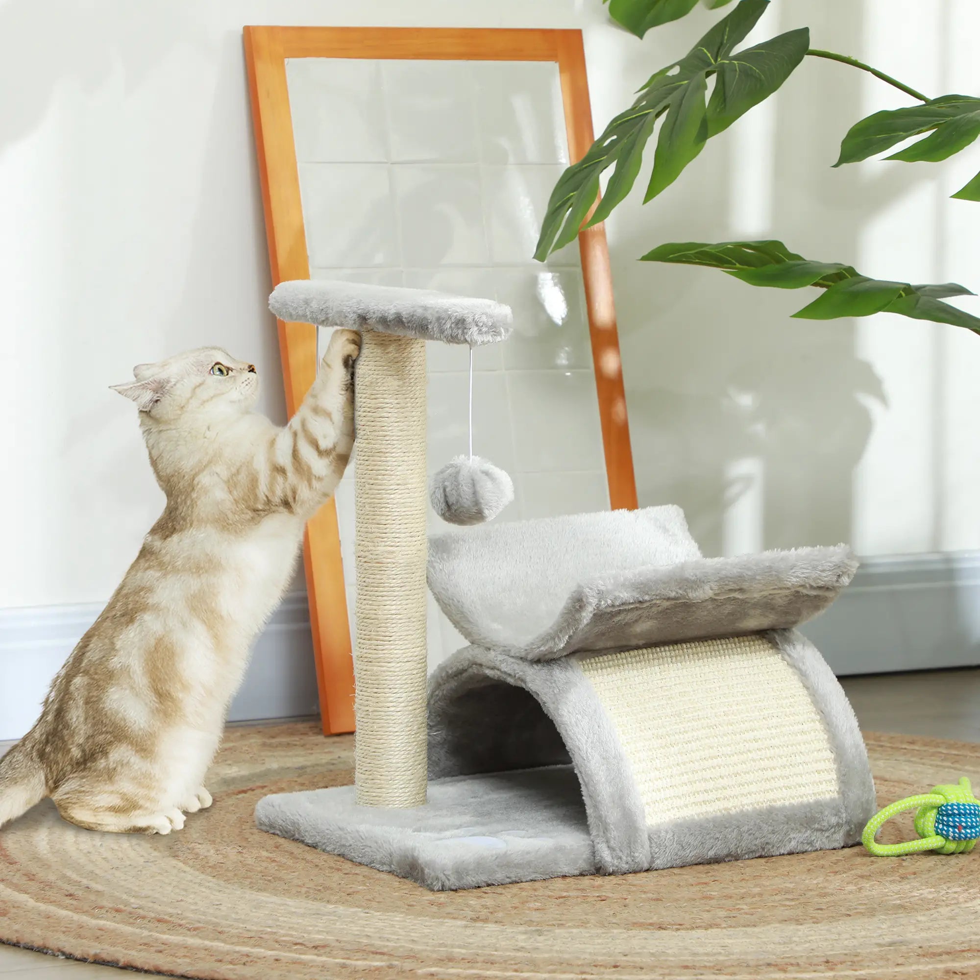Cat Tree, Cat Tower for Kittens with Rotatable Top Bar, Sisal Scratching Post, Tunnel, Dangling Balls - Grey