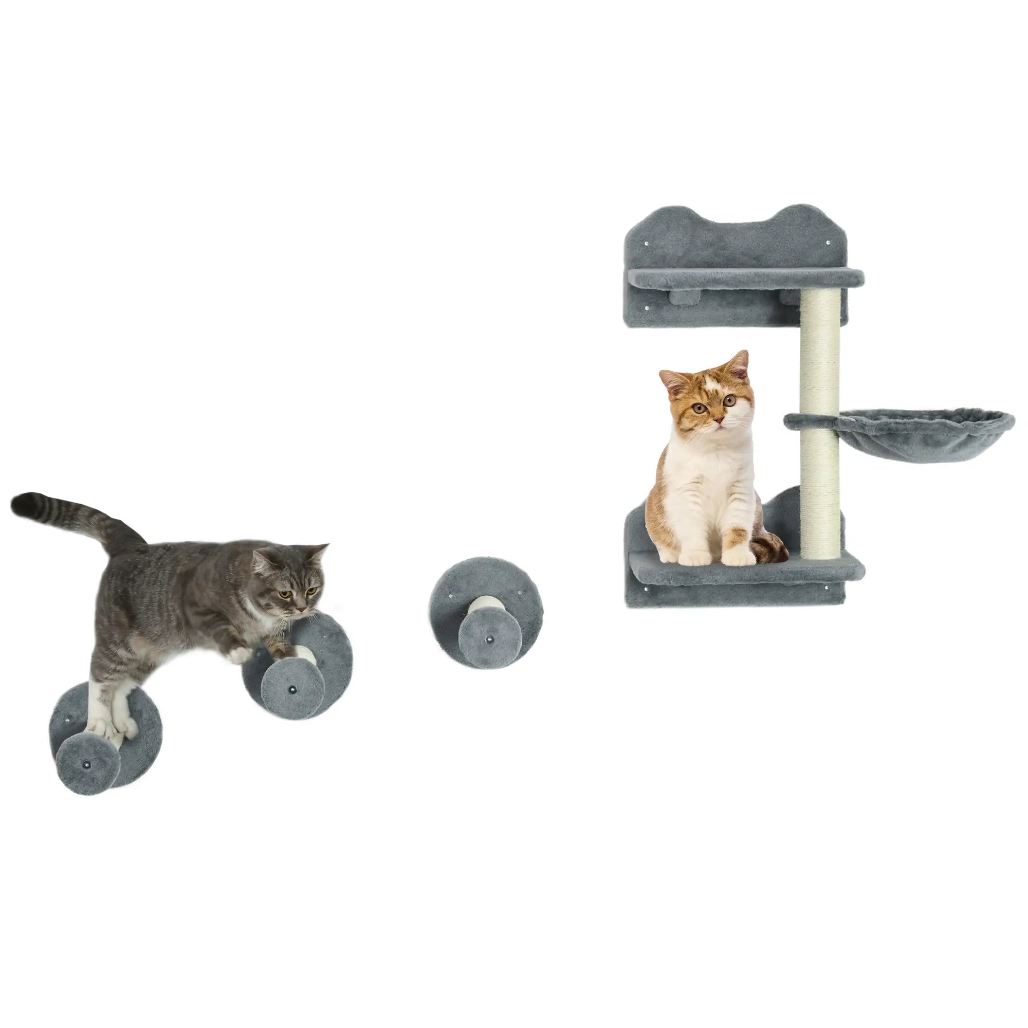 4 Piece Cat Shelf with Scratching Post, Wall-Mounted Cat Tree for Indoor Cat - Grey