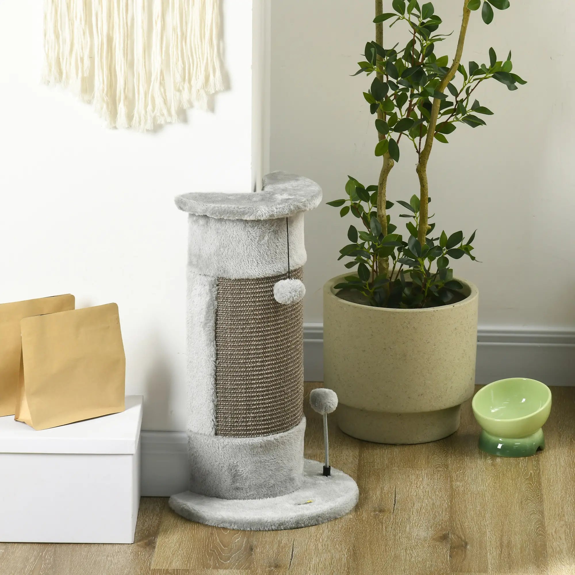 58cm Cat Scratching Post, with Covered Plush, Play Balls, for Corner Walls - Grey