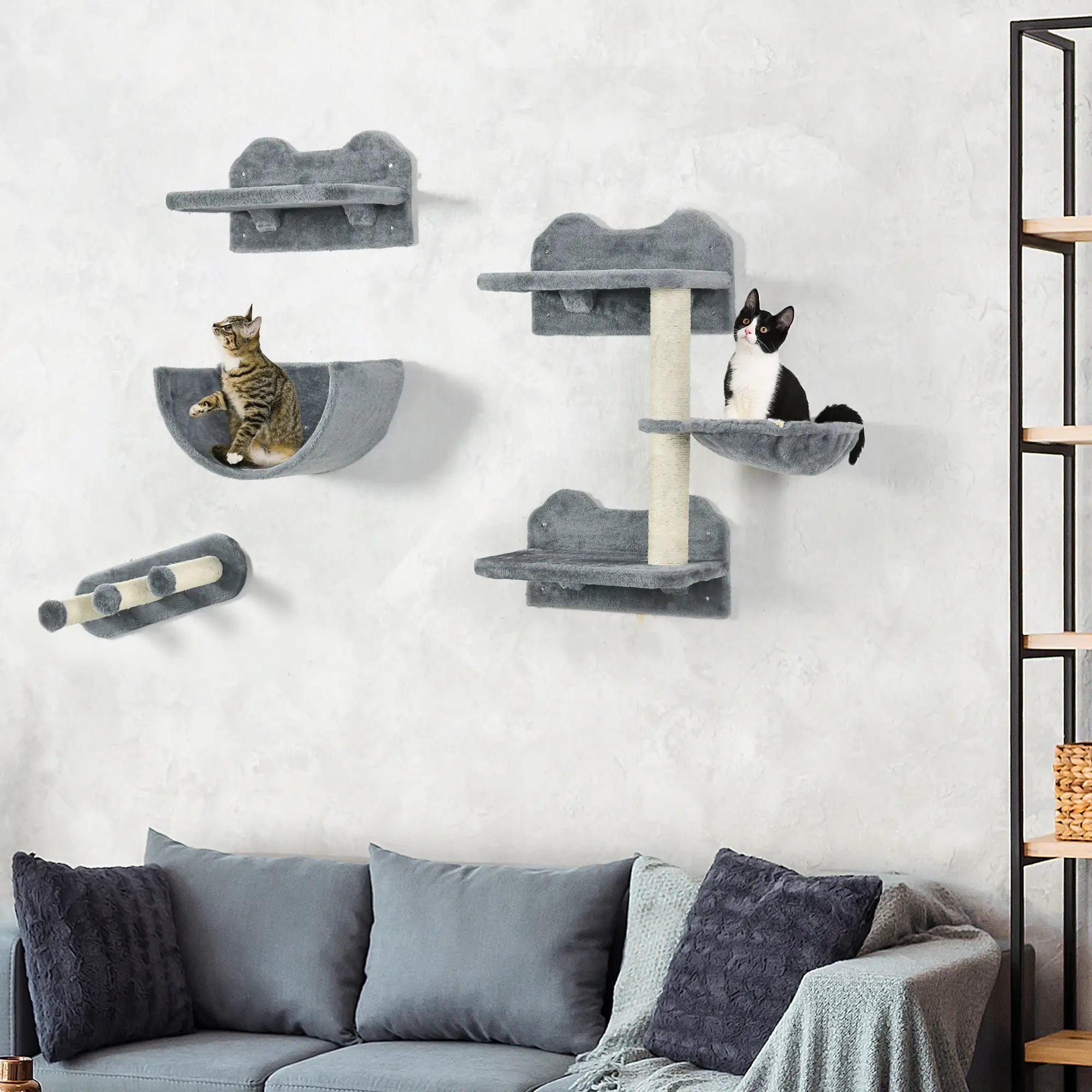 4PCs Wall-Mounted Cat Shelves w/ Scratching Post, Hammock, Nest - Grey