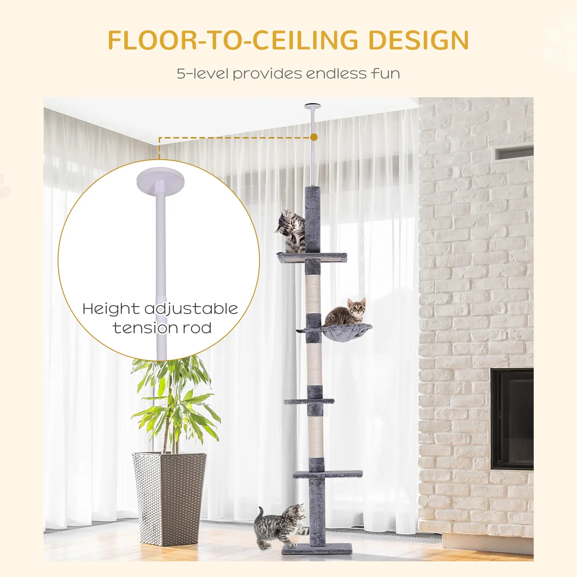 Floor to Ceiling Cat Tree for Indoor Cats 5-Tier Kitty Tower Climbing Activity Center Scratching Post Adjustable Height 230-260 cm Grey