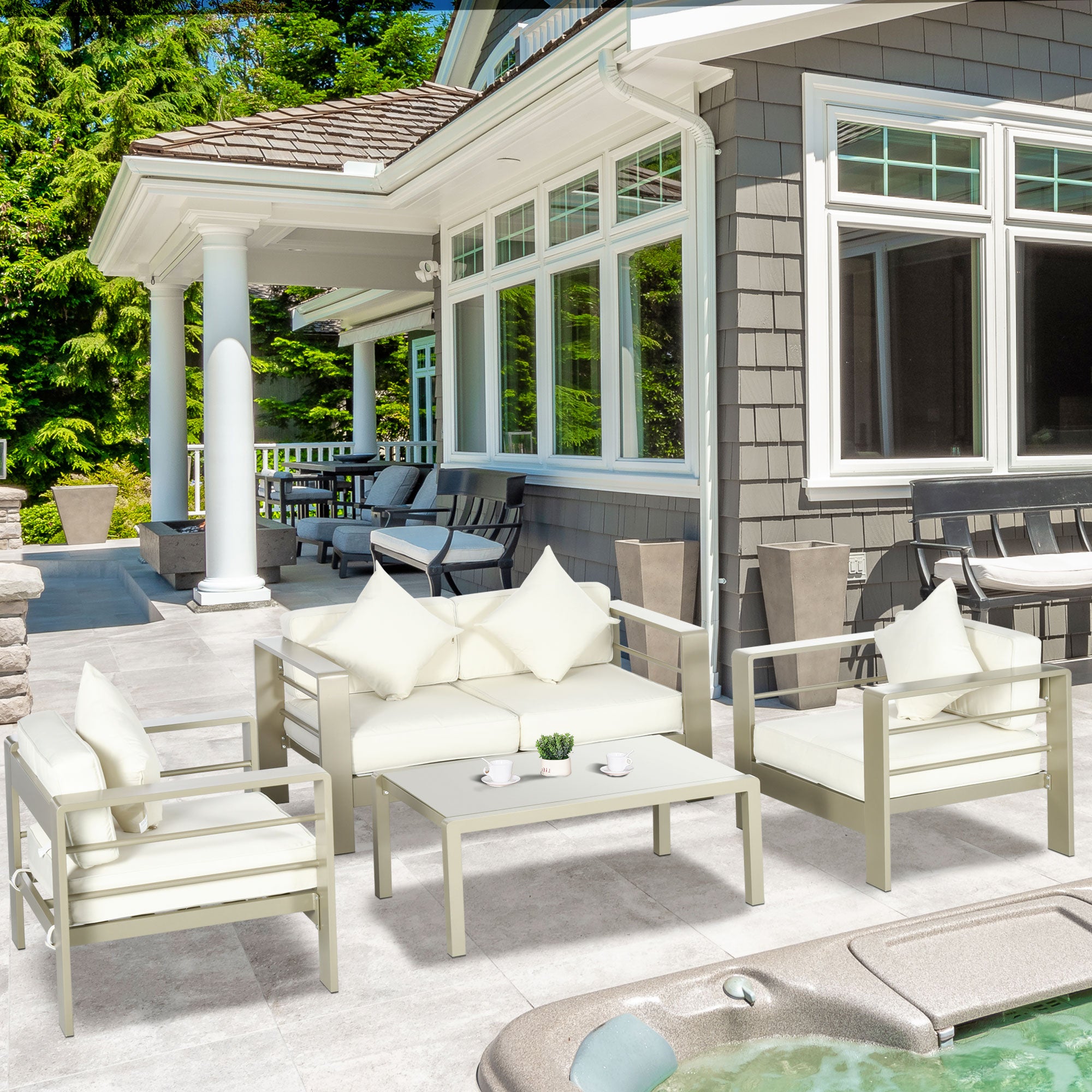 Outsunny 4 PCs Aluminium Garden Furniture Set w/ Thick Padded Cushion