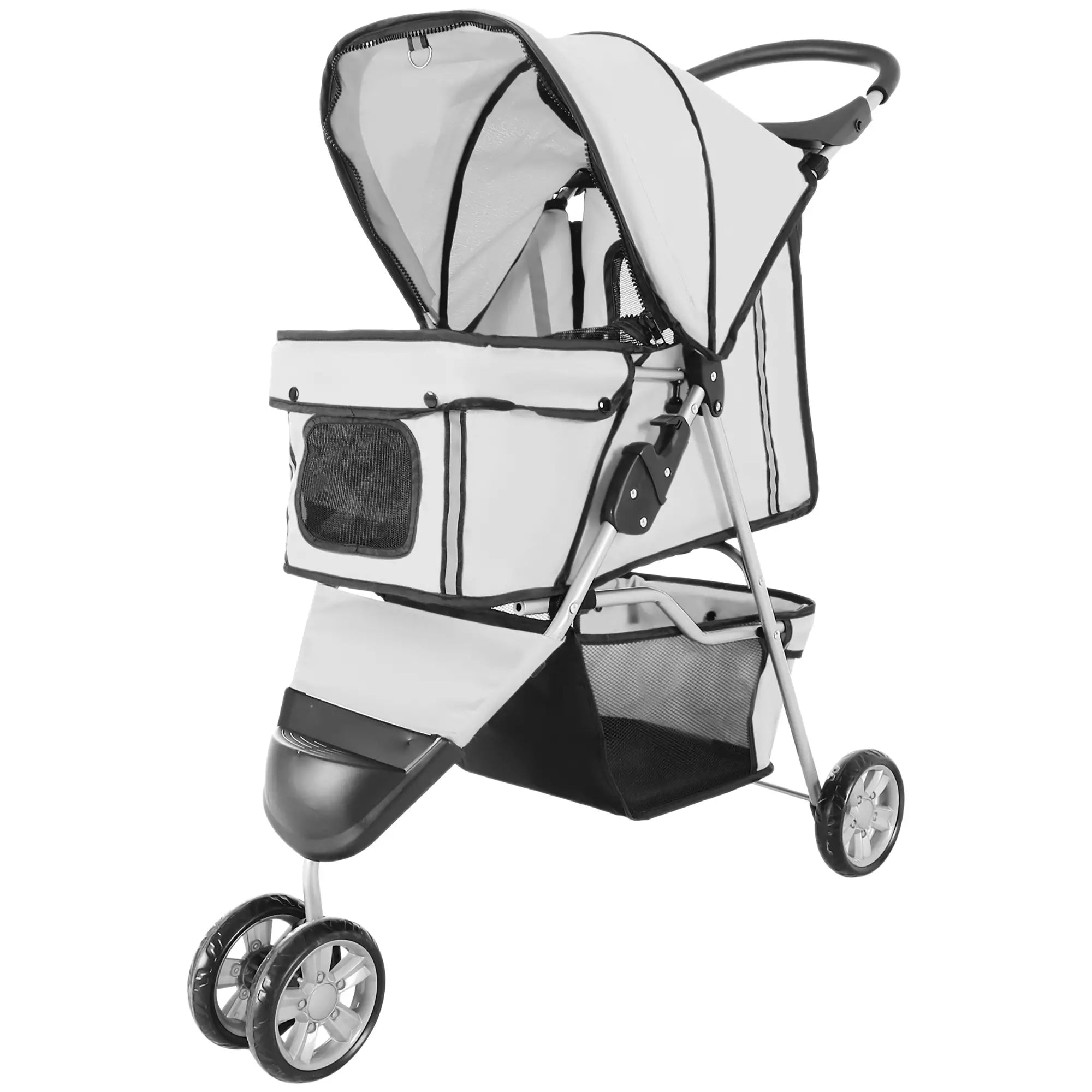 Dog Stroller, 3 Wheels Foldable Cat Dog Pram with Cup Holder, Storage Basket, Pet Stroller for Small Miniature Dogs, Grey