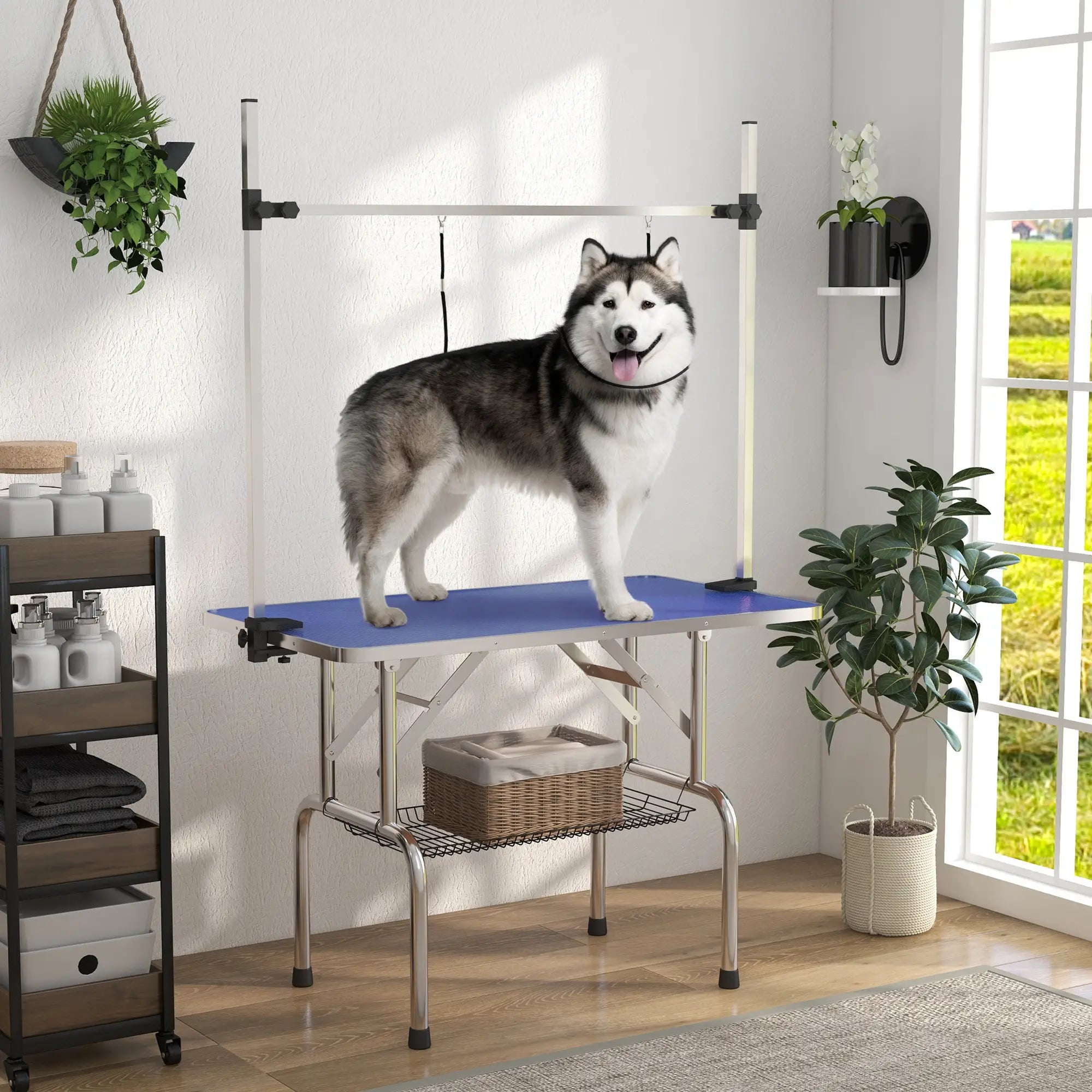 42" Dog Grooming Table, Adjustable Pet Cat Drying Beauty Table with 2 Loops Storage Basket, Rubber Top, Blue