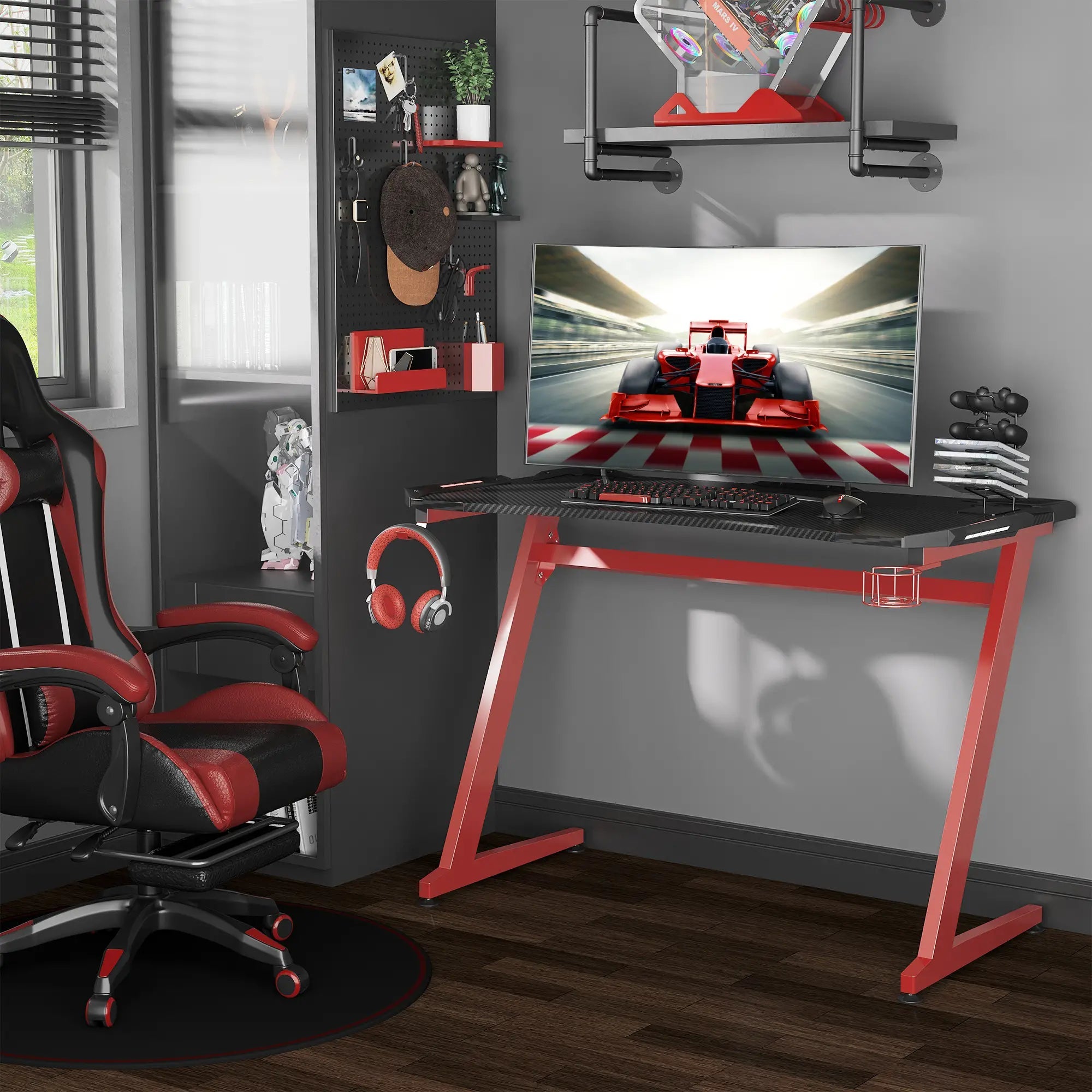 122 x 66 cm Gaming Desk, Carbon Fibre Covered Computer Desk, Gamer Workstation with Headphone Hook, Cup Holder and Gamepad Storage Rack, Black and Red Bargain Clearance Centre