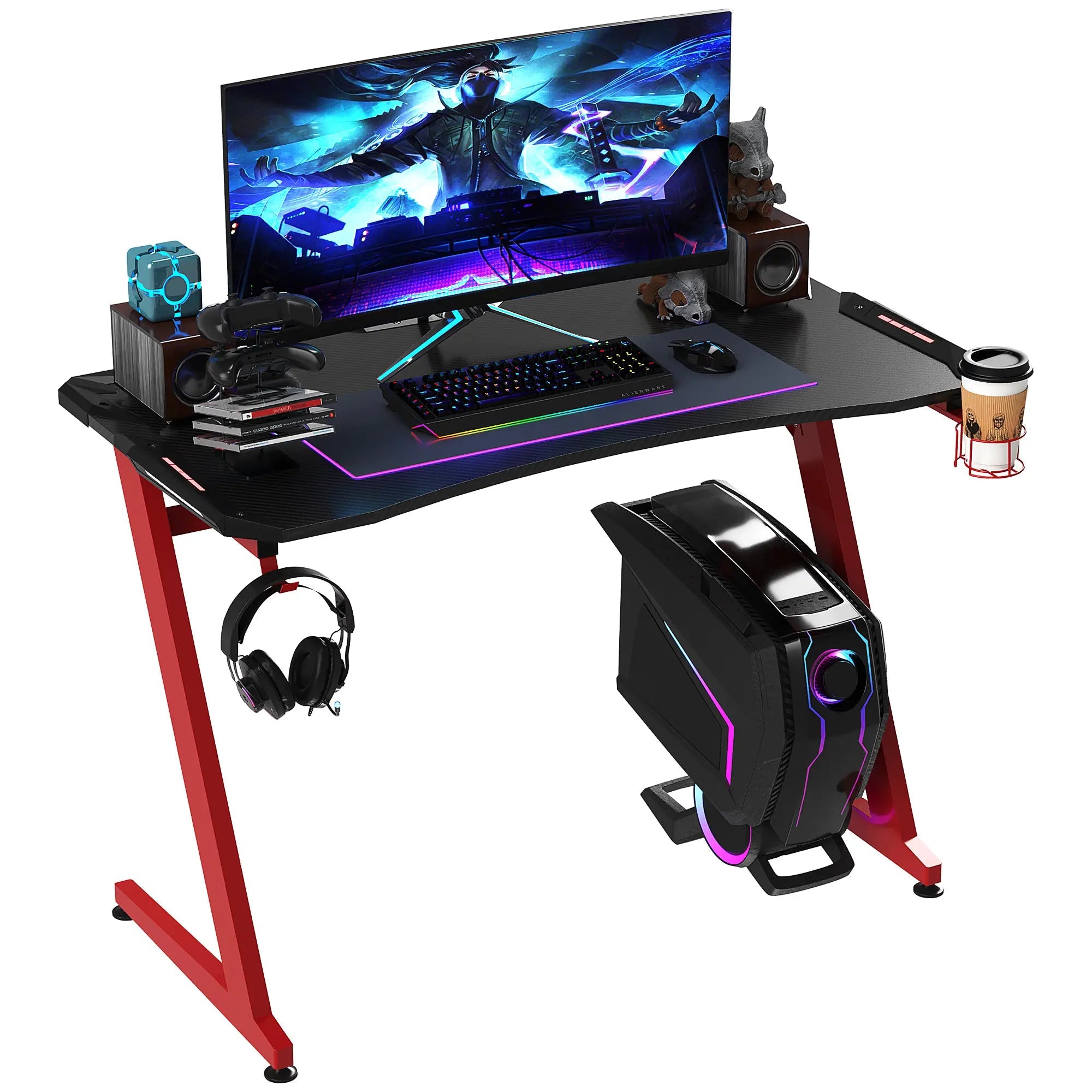122 x 66 cm Gaming Desk, Carbon Fibre Covered Computer Desk, Gamer Workstation with Headphone Hook, Cup Holder and Gamepad Storage Rack, Black and Red Bargain Clearance Centre