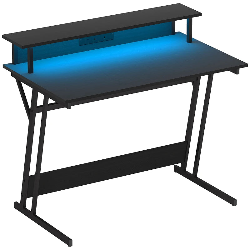 Two-Level LED Gaming Desk With USB AND USB-C Ports - Black