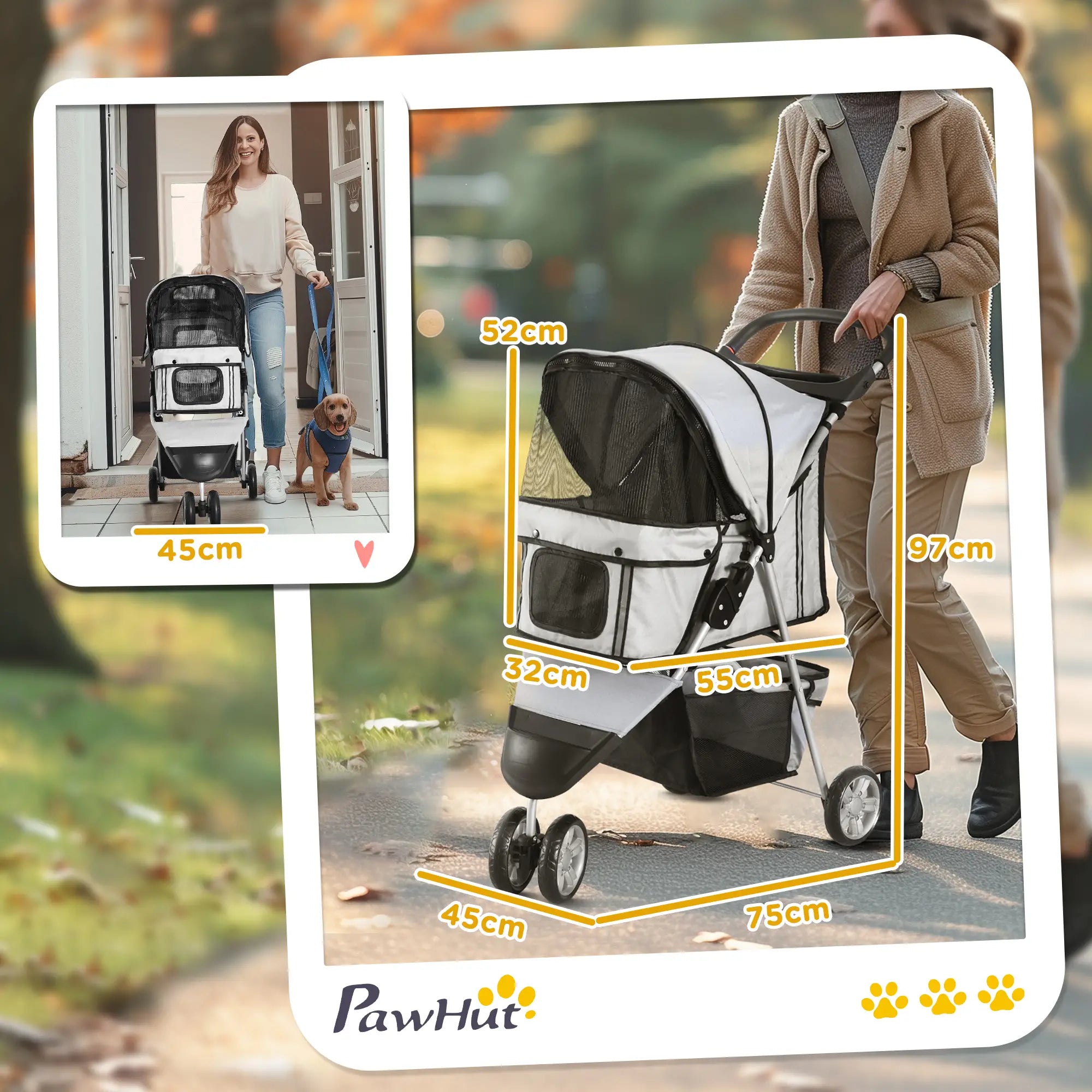 Dog Stroller, 3 Wheels Foldable Cat Dog Pram with Cup Holder, Storage Basket, Pet Stroller for Small Miniature Dogs, Grey
