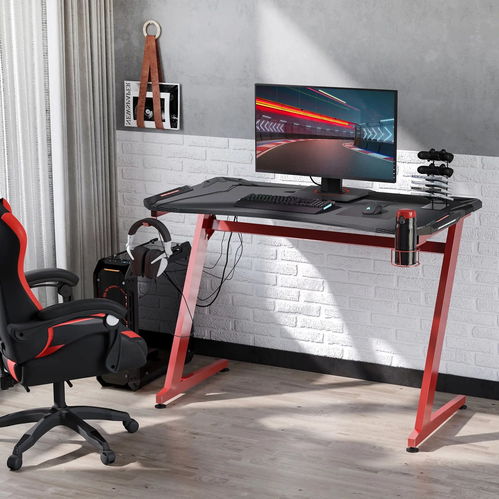 122 x 66 cm Gaming Desk, Carbon Fibre Covered Computer Desk, Gamer Workstation with Headphone Hook, Cup Holder and Gamepad Storage Rack, Black and Red Bargain Clearance Centre