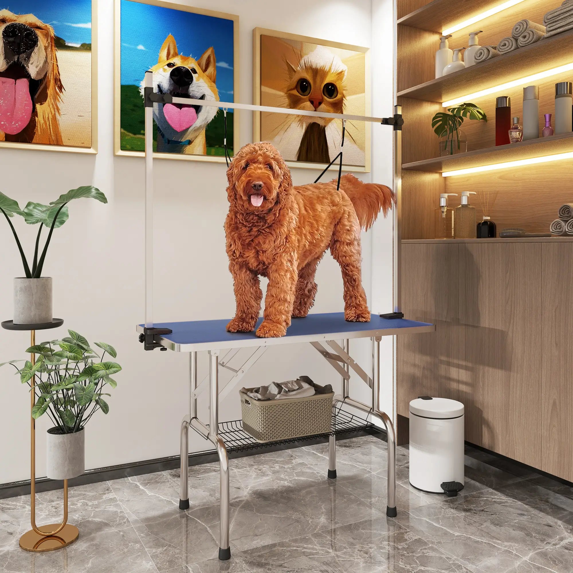 42" Dog Grooming Table, Adjustable Pet Cat Drying Beauty Table with 2 Loops Storage Basket, Rubber Top, Blue