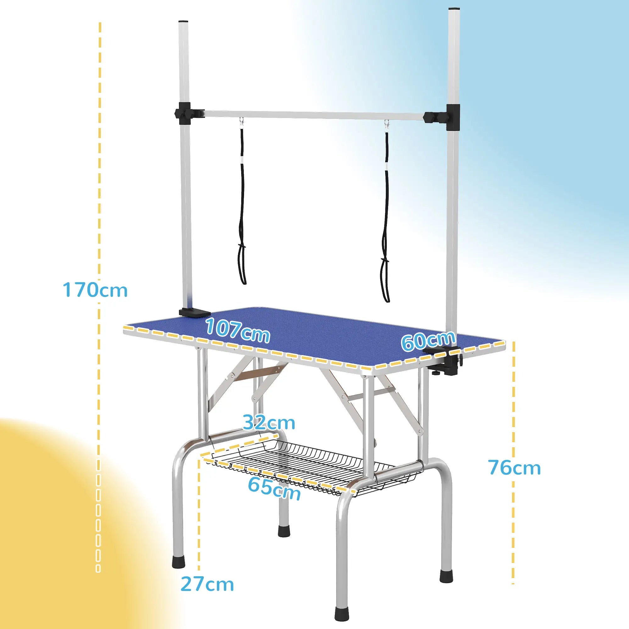 42" Dog Grooming Table, Adjustable Pet Cat Drying Beauty Table with 2 Loops Storage Basket, Rubber Top, Blue