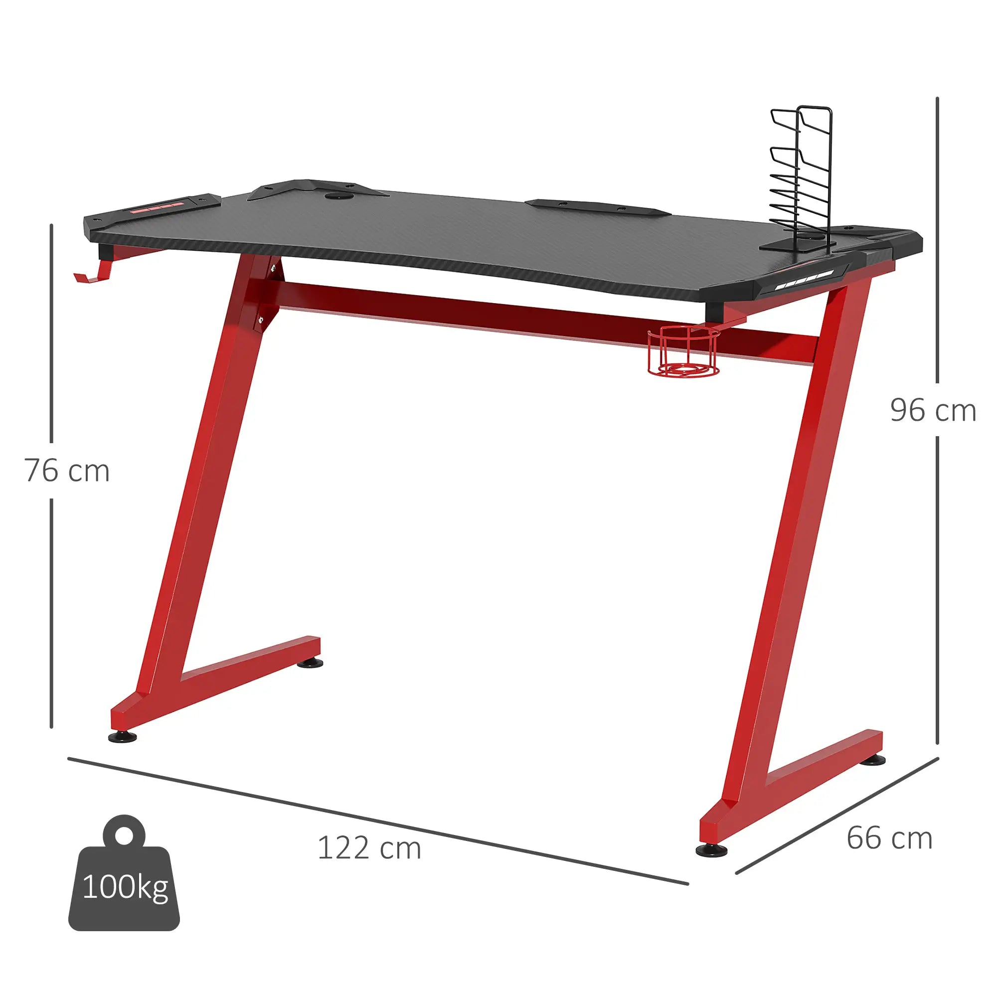 122 x 66 cm Gaming Desk, Carbon Fibre Covered Computer Desk, Gamer Workstation with Headphone Hook, Cup Holder and Gamepad Storage Rack, Black and Red Bargain Clearance Centre