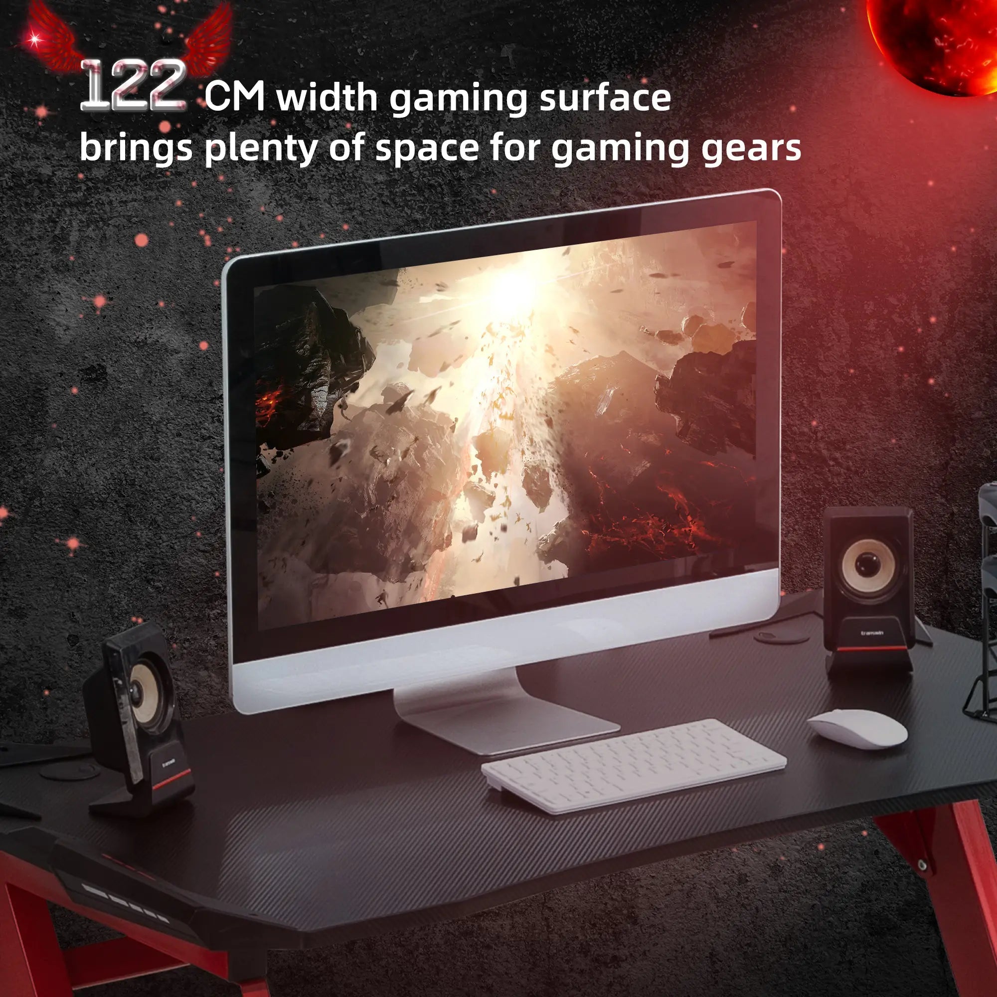 122 x 66 cm Gaming Desk, Carbon Fibre Covered Computer Desk, Gamer Workstation with Headphone Hook, Cup Holder and Gamepad Storage Rack, Black and Red Bargain Clearance Centre
