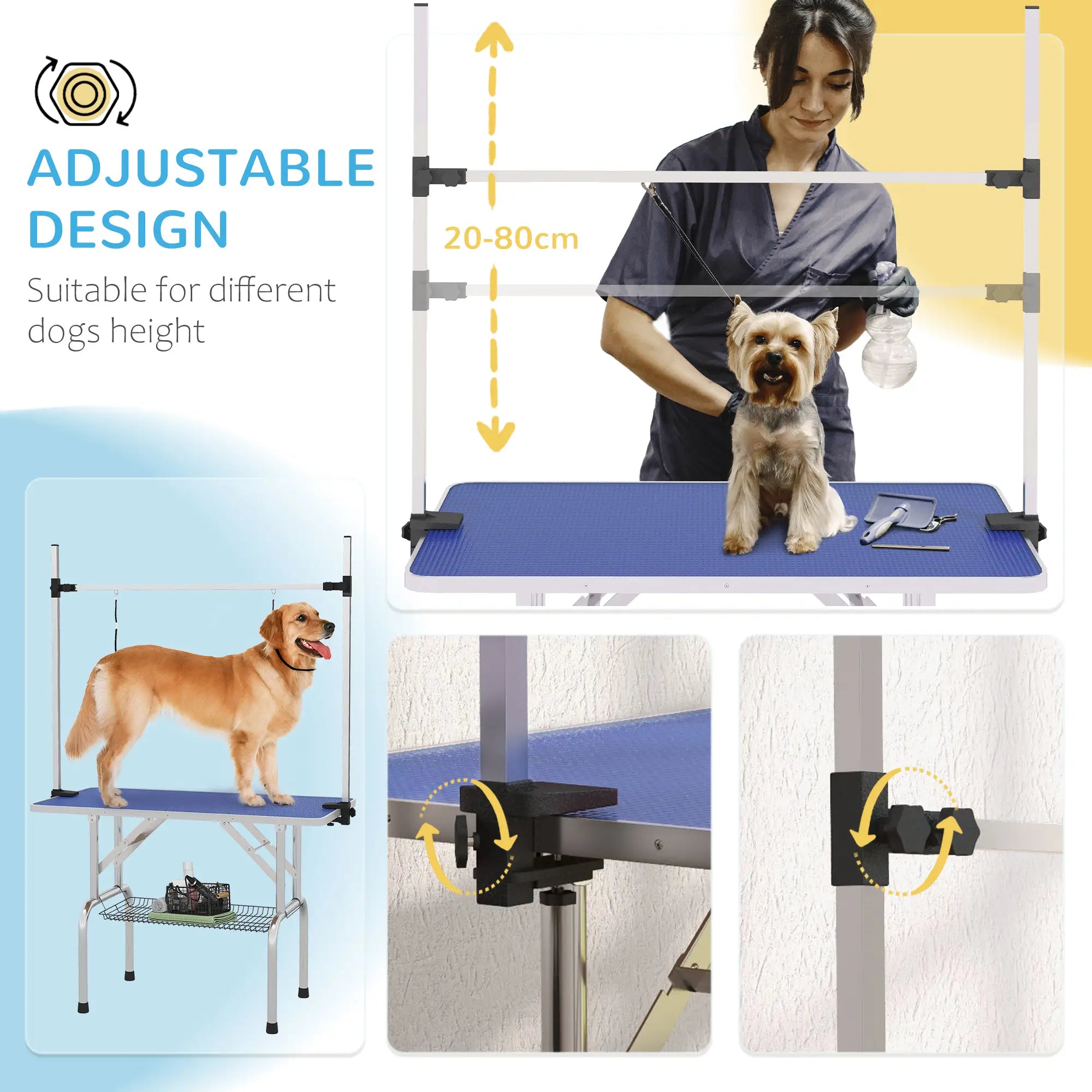42" Dog Grooming Table, Adjustable Pet Cat Drying Beauty Table with 2 Loops Storage Basket, Rubber Top, Blue