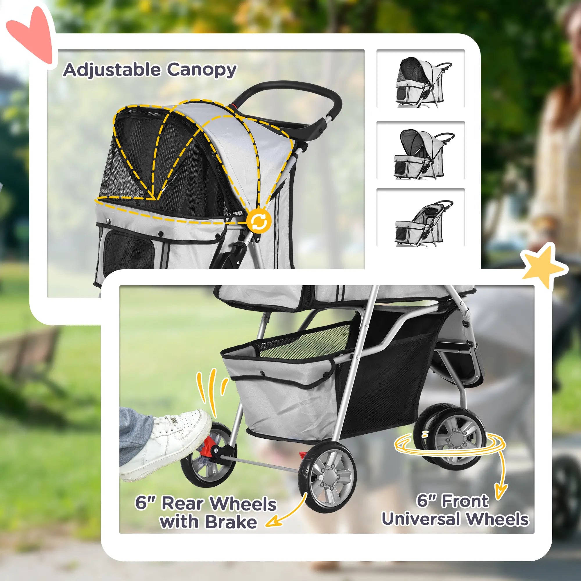 Dog Stroller, 3 Wheels Foldable Cat Dog Pram with Cup Holder, Storage Basket, Pet Stroller for Small Miniature Dogs, Grey